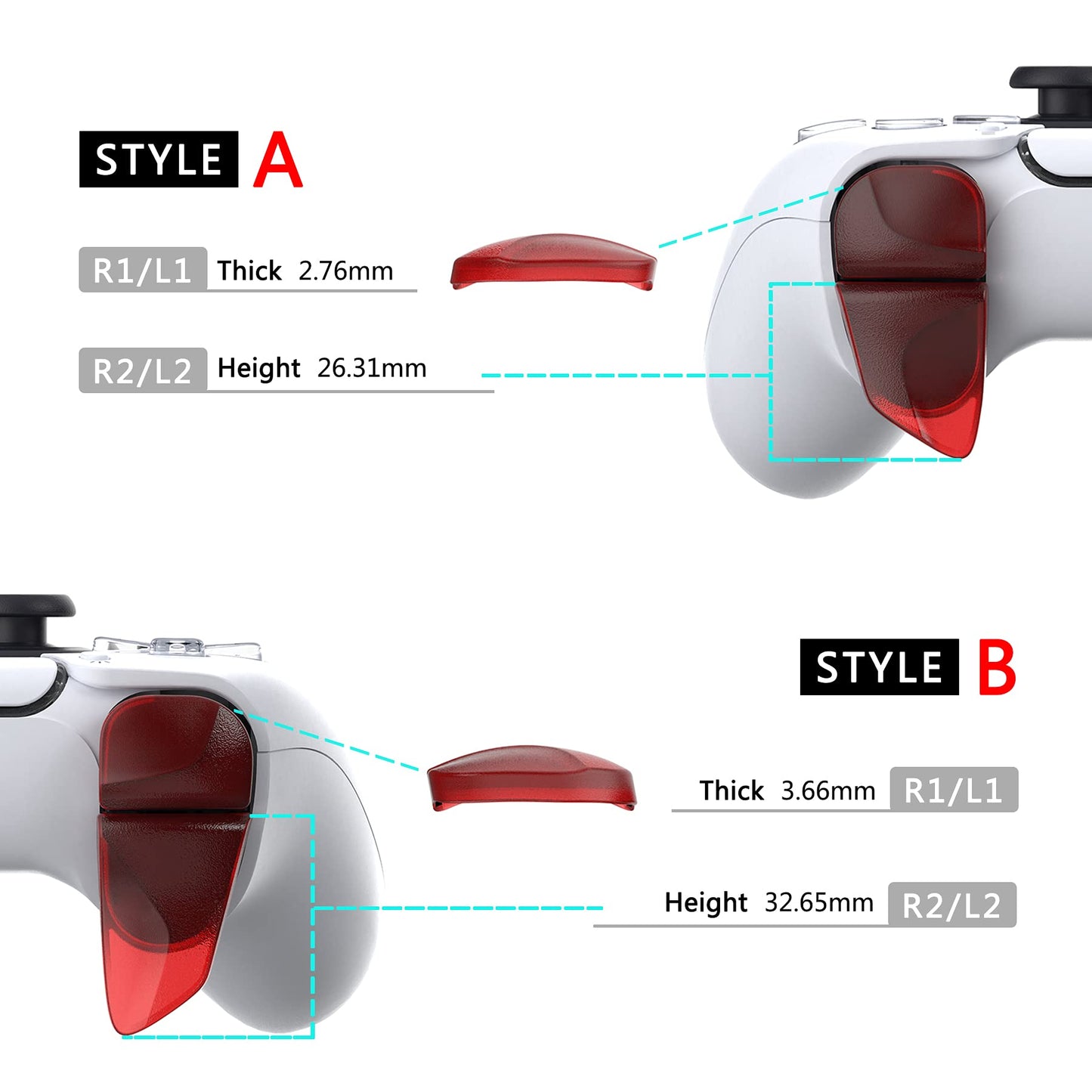 PlayVital Blade 2 Pairs Shoulder Buttons Extension Triggers for ps5 Controller, Game Improvement Adjusters for PS Portal Remote Player, Bumper Trigger Extenders for ps5 Edge Controller - Clear Red