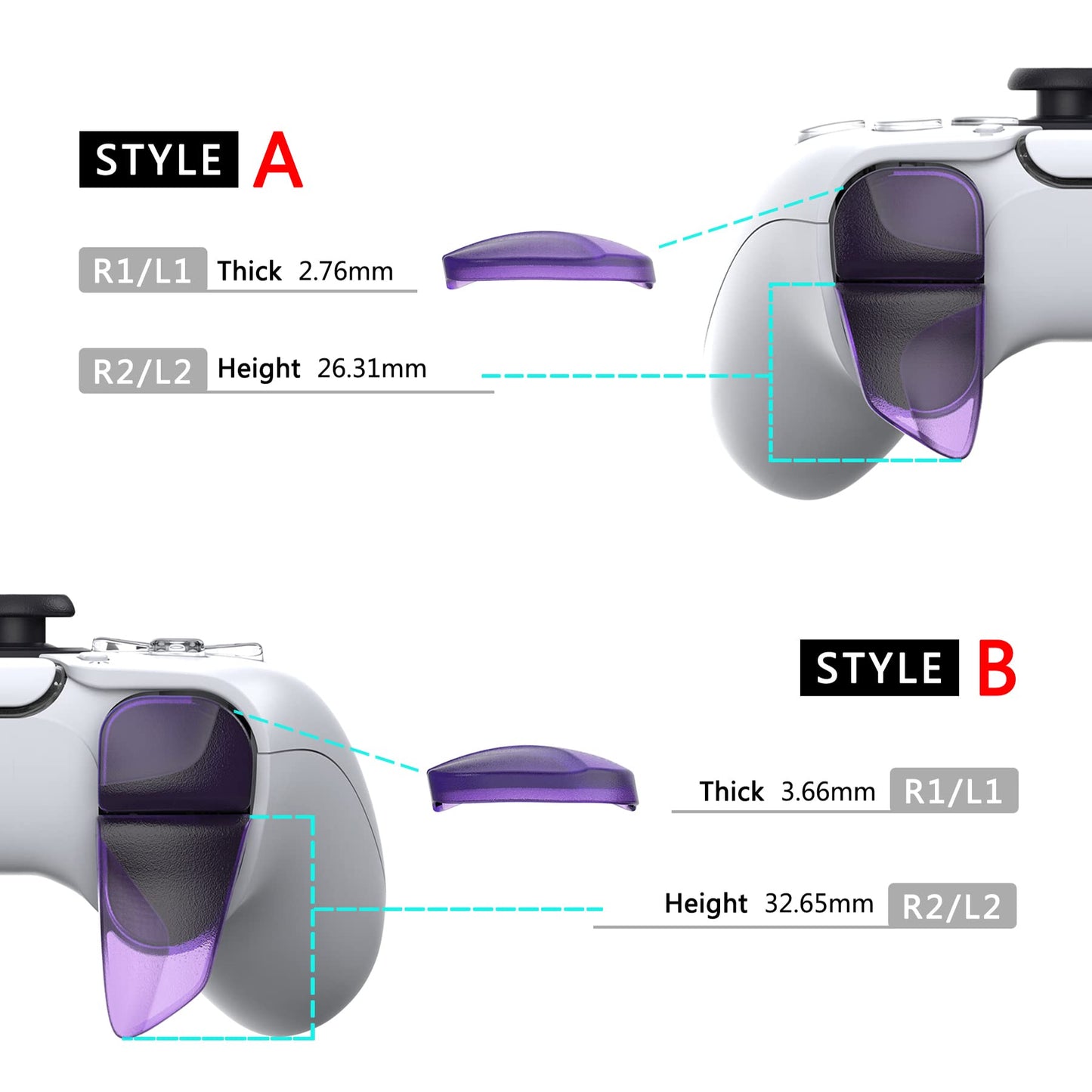 PlayVital Blade 2 Pairs Shoulder Buttons Extension Triggers for ps5 Controller, Game Improvement Adjusters for PS Portal Remote Player, Bumper Trigger Extenders for ps5 Edge - Clear Atomic Purple