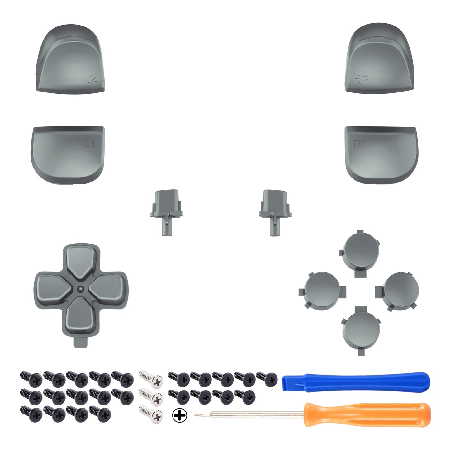 eXtremeRate Replacement D-pad R1 L1 R2 L2 Triggers Share Options Face Buttons, Metallic Steel Gray Full Set Buttons Compatible with ps5 Controller BDM-010 & BDM-020