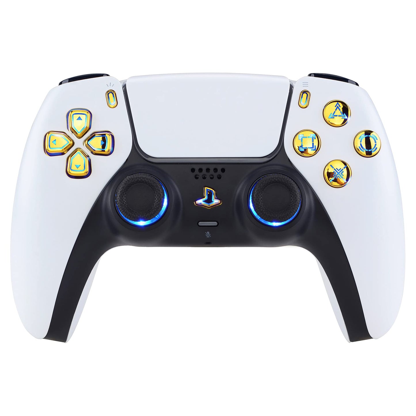 eXtremeRate Multi-Colors Luminated Dpad Thumbstick Share Home Face Buttons for PS5 Controller BDM-010 020 Models, Chrome Gold Classical Symbols Keys DTF V3 LED Kit for PS5 Controller - NO Controller