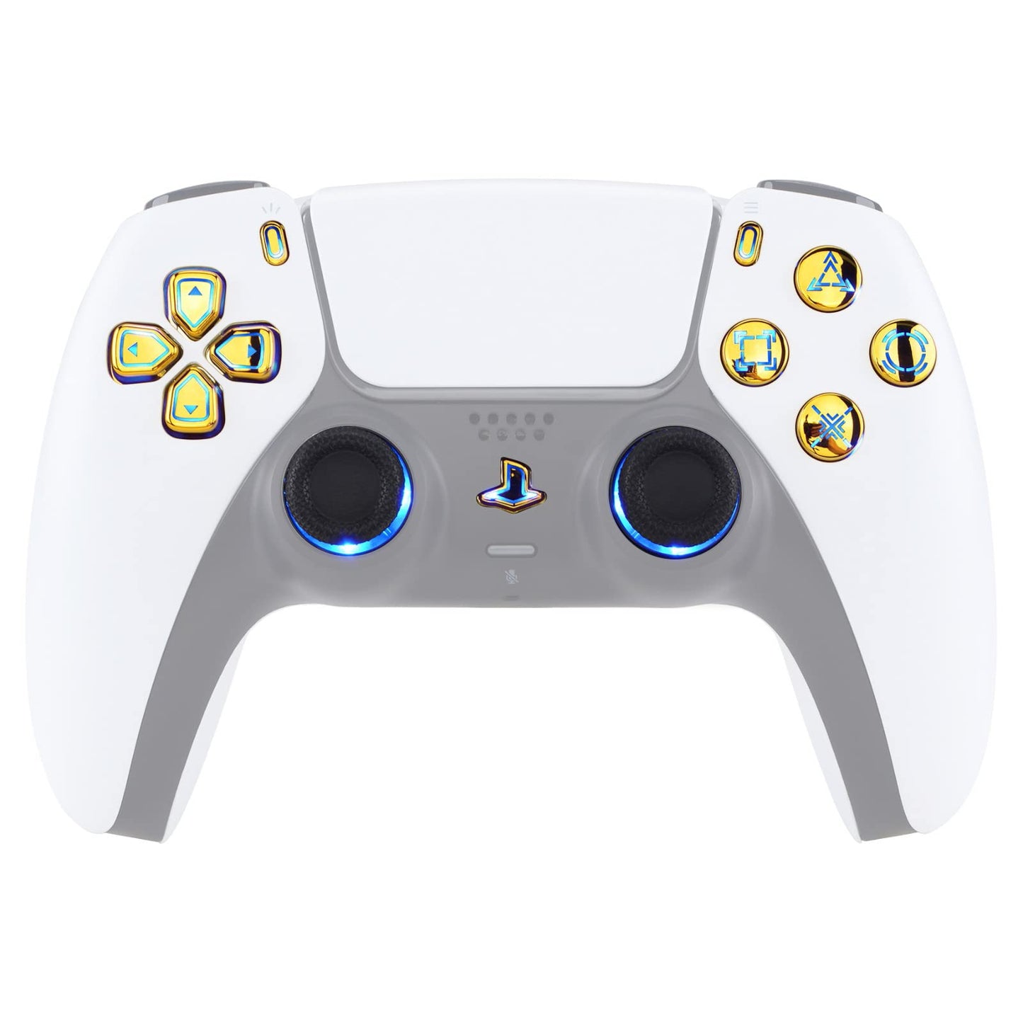 eXtremeRate Multi-Colors Luminated Dpad Thumbstick Share Home Face Buttons for PS5 Controller BDM-010 020 Models, Chrome Gold Classical Symbols Keys DTF V3 LED Kit for PS5 Controller - NO Controller