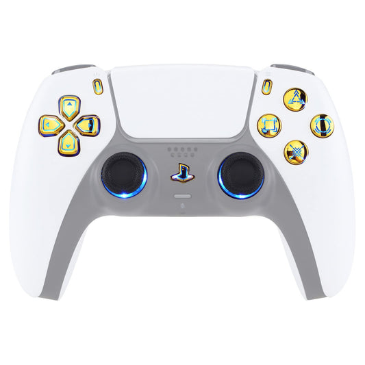 eXtremeRate Multi-Colors Luminated Dpad Thumbstick Share Home Face Buttons for PS5 Controller BDM-010 020 Models, Chrome Gold Classical Symbols Keys DTF V3 LED Kit for PS5 Controller - NO Controller