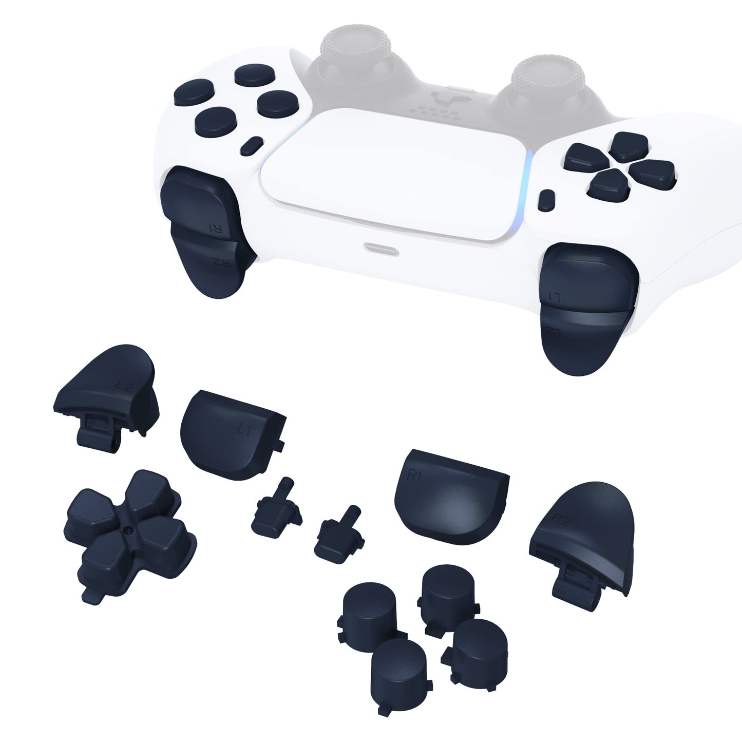eXtremeRate Replacement D-pad R1 L1 R2 L2 Triggers Share Options Face Buttons, Midnight Blue Full Set Buttons Compatible with ps5 Controller BDM-010 & BDM-020