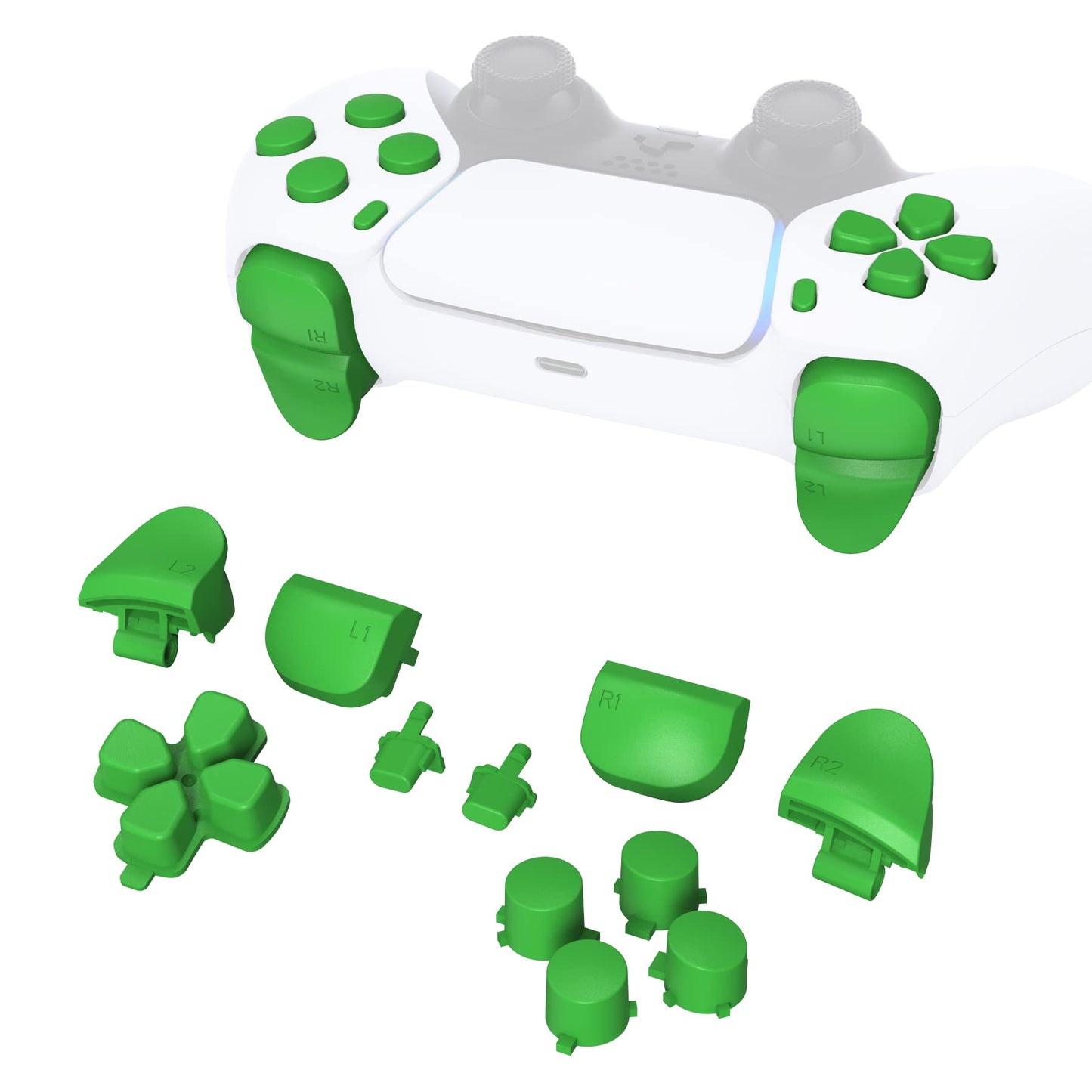 eXtremeRate Replacement D-pad R1 L1 R2 L2 Triggers Share Options Face Buttons, Green Full Set Buttons Compatible with ps5 Controller BDM-010 & BDM-020