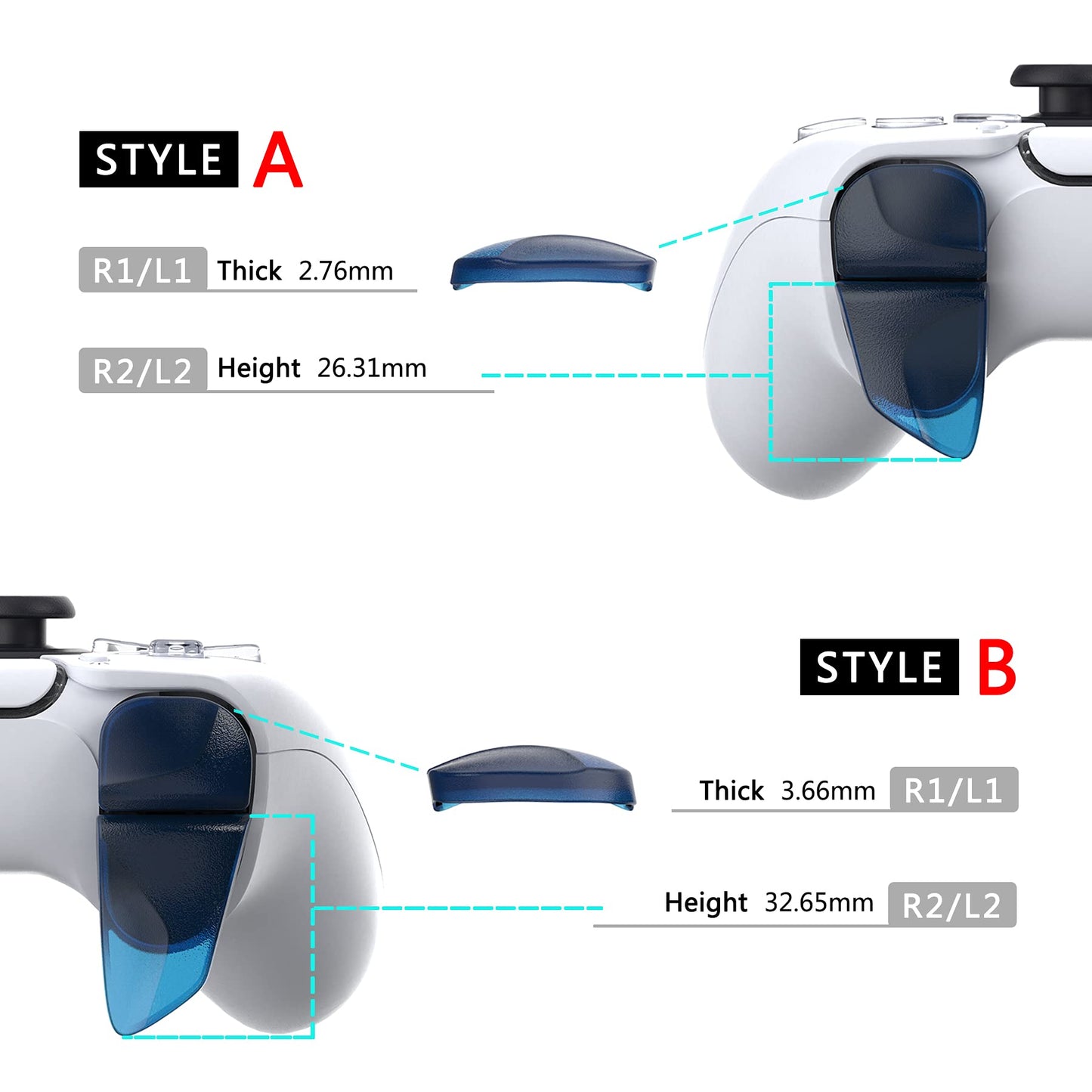 PlayVital Blade 2 Pairs Shoulder Buttons Extension Triggers for ps5 Controller, Game Improvement Adjusters for PS Portal Remote Player, Bumper Trigger Extenders for ps5 Edge Controller - Clear Blue