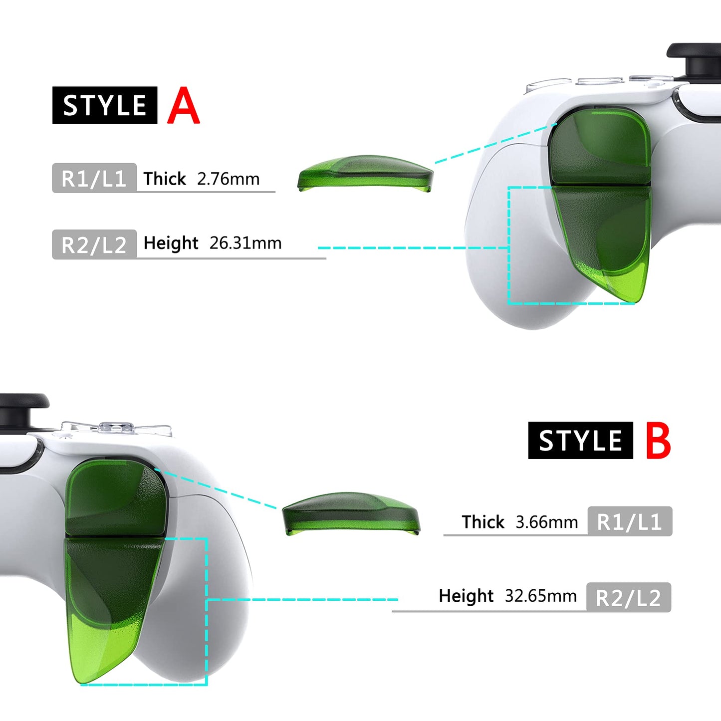 PlayVital Blade 2 Pairs Shoulder Buttons Extension Triggers for ps5 Controller, Game Improvement Adjusters for PS Portal Remote Player, Bumper Trigger Extenders for ps5 Edge Controller - Clear Green