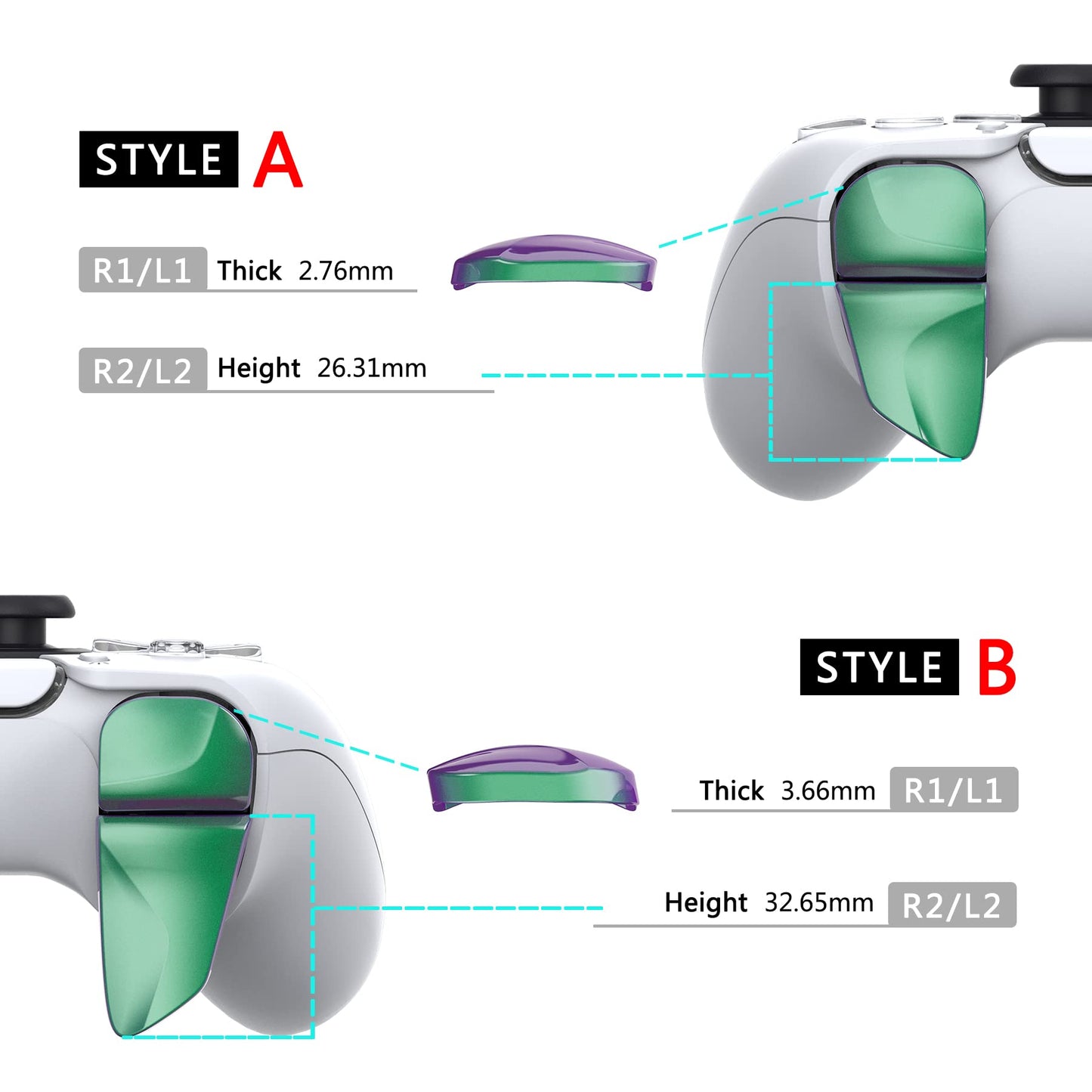 PlayVital Blade 2 Pairs Shoulder Buttons Extension Triggers for ps5 Controller, Game Improvement Adjusters for PS Portal Remote Player, Bumper Trigger Extenders for ps5 Edge - Chameleon Green Purple