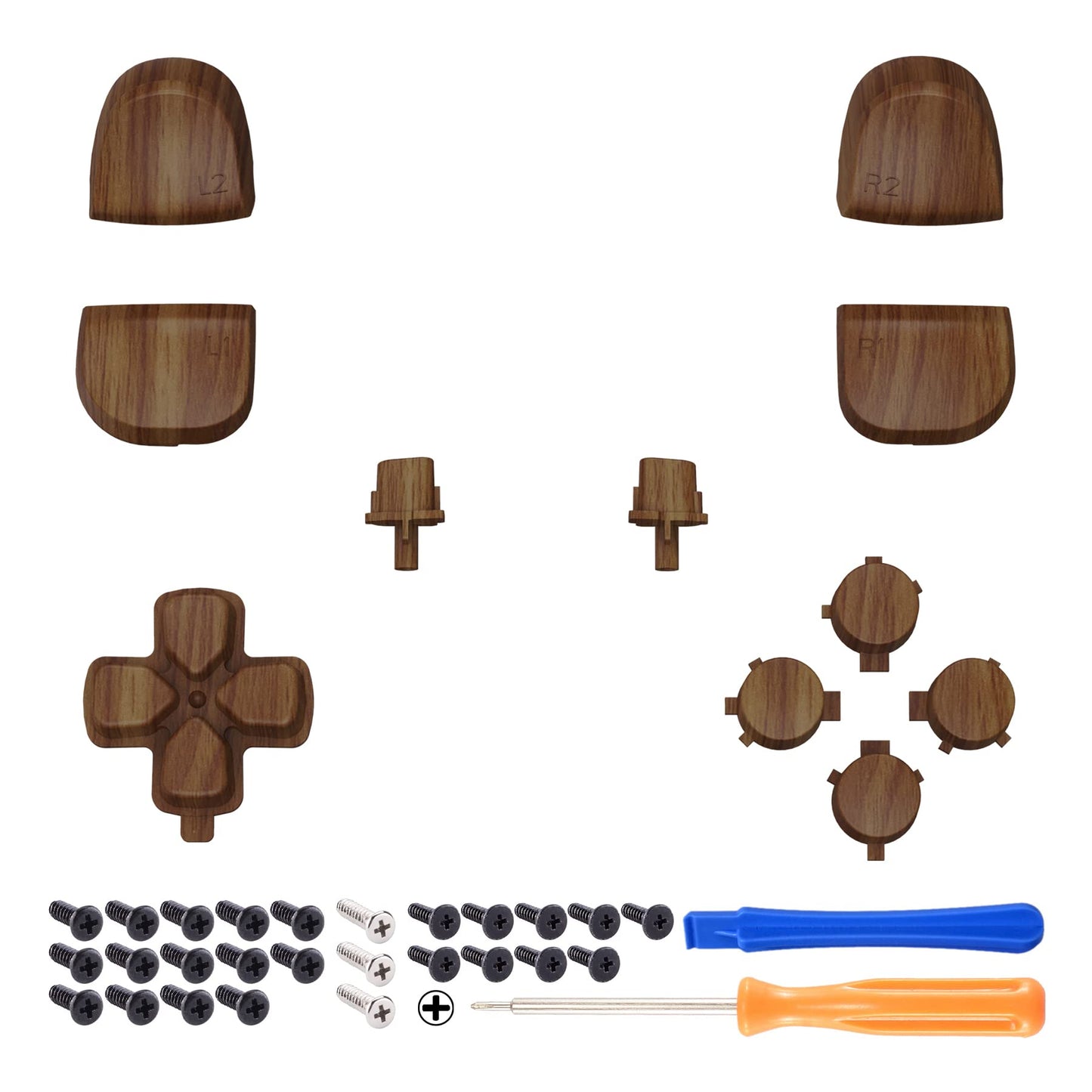 eXtremeRate Replacement D-pad R1 L1 R2 L2 Triggers Share Options Face Buttons, Wood Grain Patterned Full Set Buttons Compatible with ps5 Controller BDM-010 & BDM-020
