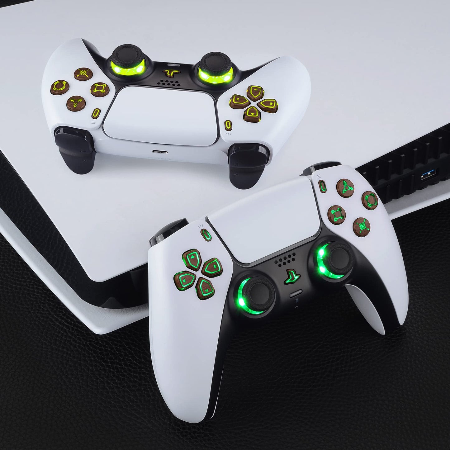 eXtremeRate Multi-Colors Luminated Dpad Thumbstick Share Home Face Buttons for PS5 Controller BDM-010 020, Wood Grain Classical Symbols Buttons DTF V3 LED Kit for PS5 Controller - Without Controller