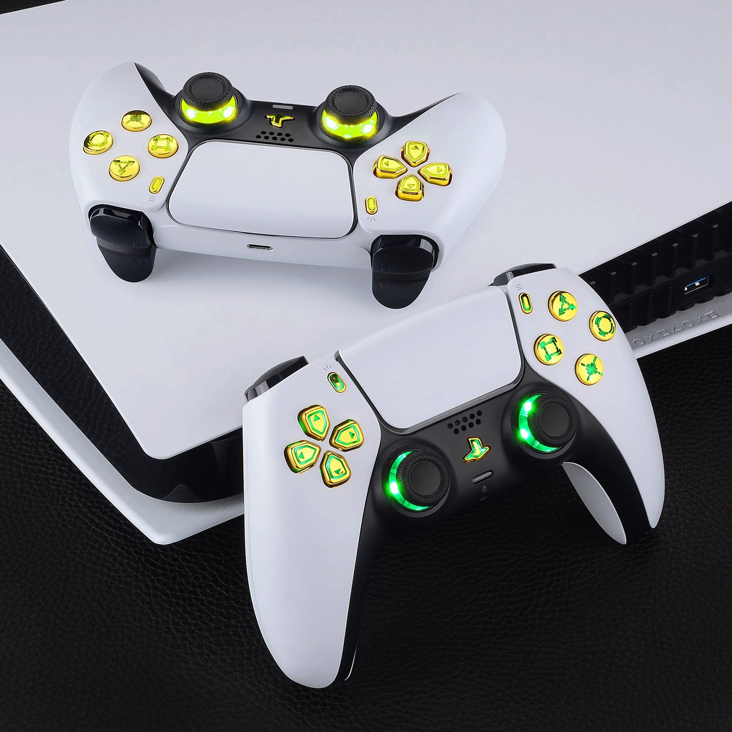 eXtremeRate Multi-Colors Luminated Dpad Thumbstick Share Home Face Buttons for PS5 Controller BDM-010 020 Models, Chrome Gold Classical Symbols Keys DTF V3 LED Kit for PS5 Controller - NO Controller