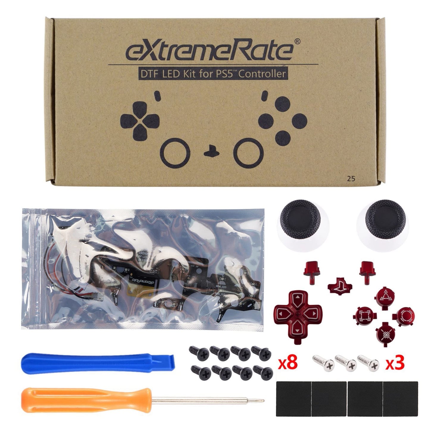 eXtremeRate Multi-Colors Luminated Dpad Thumbstick Share Home Face Buttons for PS5 Controller BDM-010 020, Scarlet Red Classical Symbols Buttons DTF V3 LED Kit for PS5 Controller - Without Controller