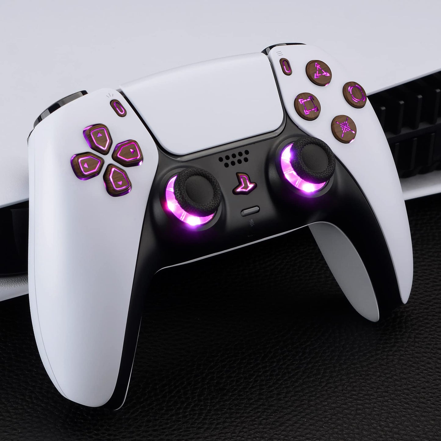 eXtremeRate Multi-Colors Luminated Dpad Thumbstick Share Home Face Buttons for PS5 Controller BDM-010 020, Wood Grain Classical Symbols Buttons DTF V3 LED Kit for PS5 Controller - Without Controller