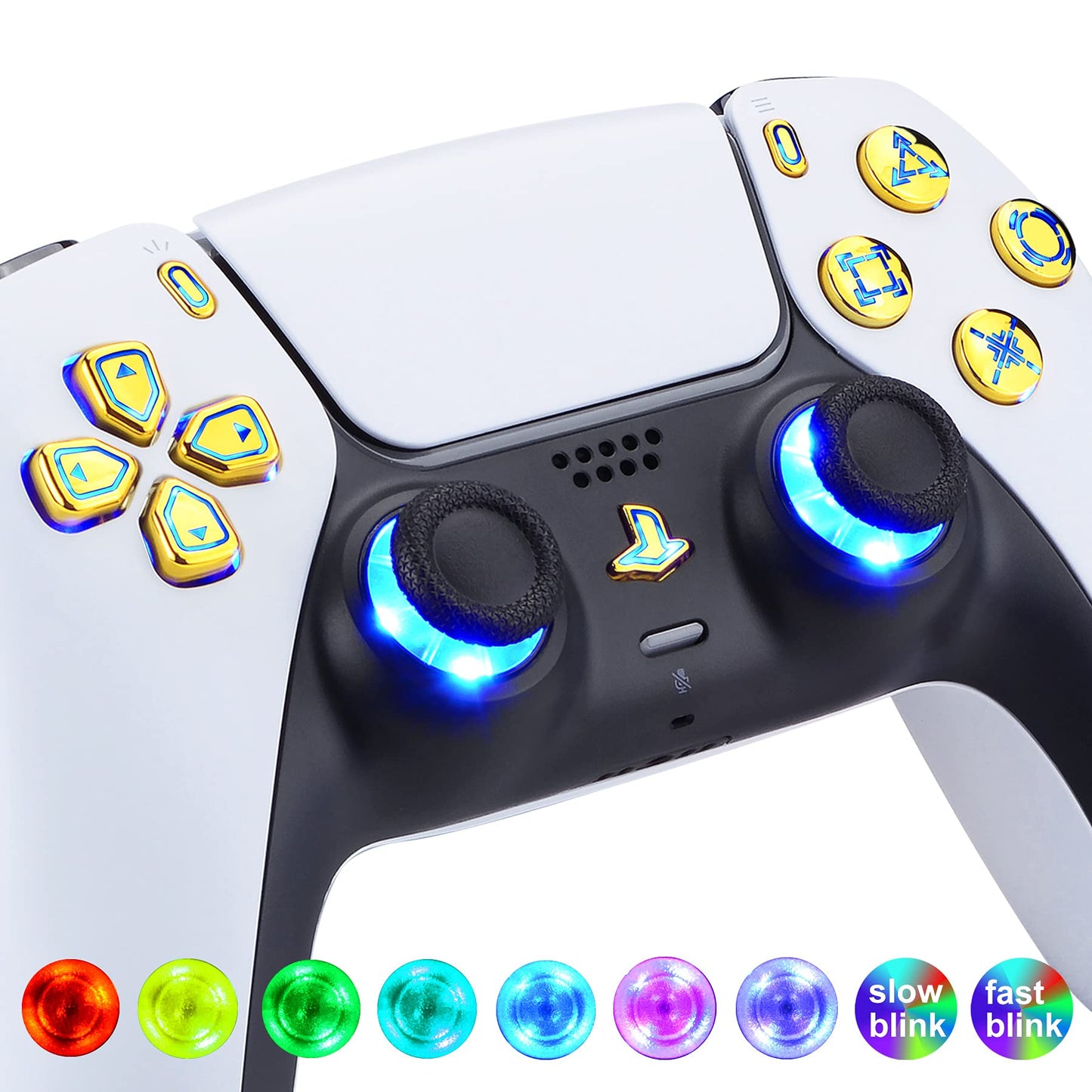 eXtremeRate Multi-Colors Luminated Dpad Thumbstick Share Home Face Buttons for PS5 Controller BDM-010 020 Models, Chrome Gold Classical Symbols Keys DTF V3 LED Kit for PS5 Controller - NO Controller