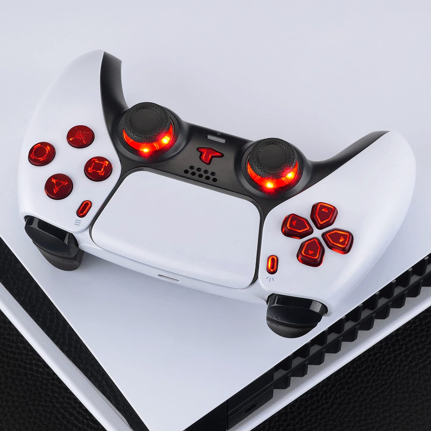 eXtremeRate Multi-Colors Luminated Dpad Thumbstick Share Home Face Buttons for PS5 Controller BDM-010 020, Scarlet Red Classical Symbols Buttons DTF V3 LED Kit for PS5 Controller - Without Controller