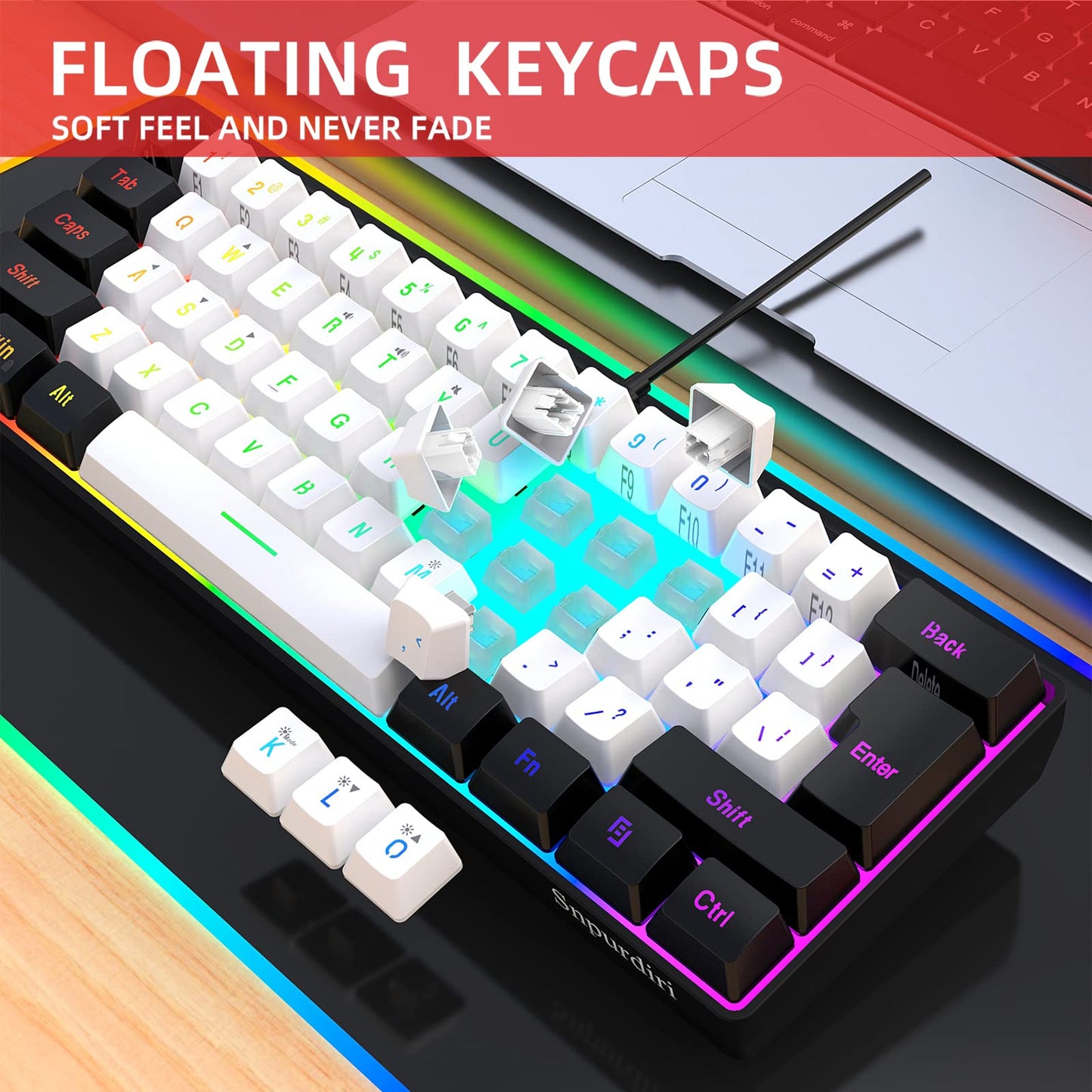 Snpurdiri 60% Wired Gaming Keyboard, 61 Keys RGB Backlit Ultra-Compact Small Gaming Keyboard, for PC/Mac Gamer, Typist, Travel, Easy to Carry on Business Trip(Black-White)