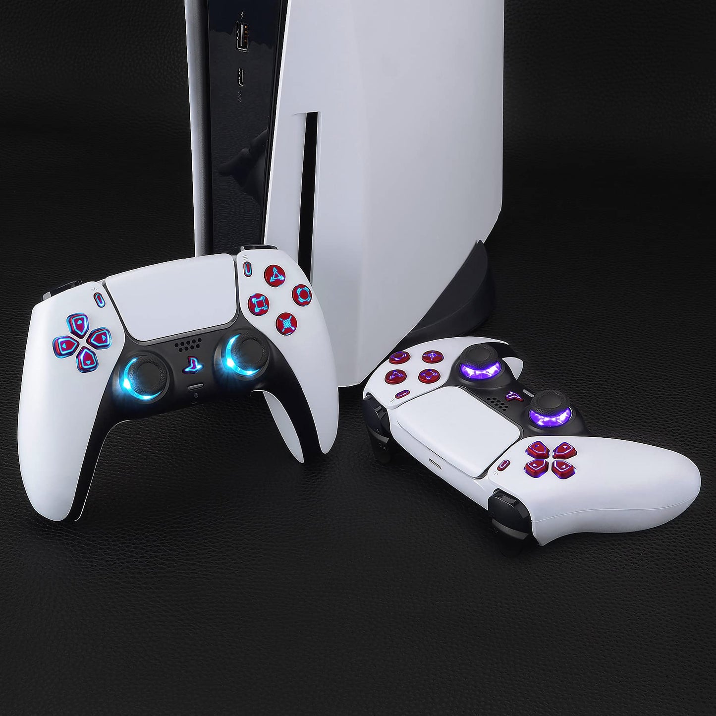eXtremeRate Multi-Colors Luminated Dpad Thumbstick Share Home Face Buttons for PS5 Controller BDM-010 020, Scarlet Red Classical Symbols Buttons DTF V3 LED Kit for PS5 Controller - Without Controller