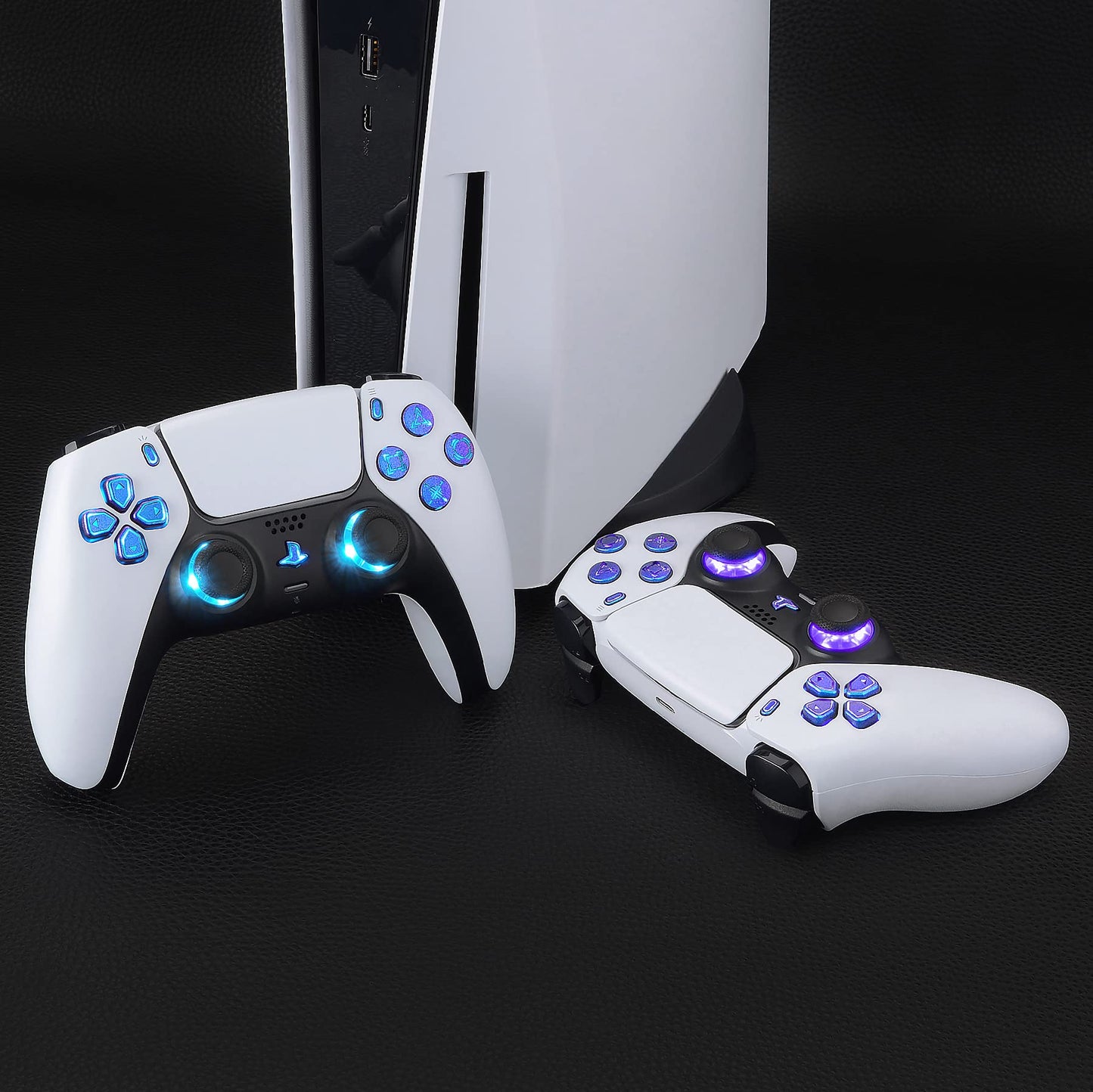 eXtremeRate Multi-Colors Luminated Dpad Thumbstick Share Home Face Buttons for PS5 Controller BDM-010 BDM-020, Chameleon Purple Blue Classical Symbols Buttons DTF V3 LED Kit for PS5 Controller
