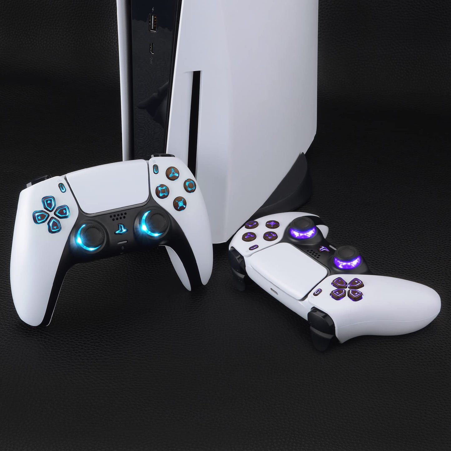 eXtremeRate Multi-Colors Luminated Dpad Thumbstick Share Home Face Buttons for PS5 Controller BDM-010 020, Wood Grain Classical Symbols Buttons DTF V3 LED Kit for PS5 Controller - Without Controller