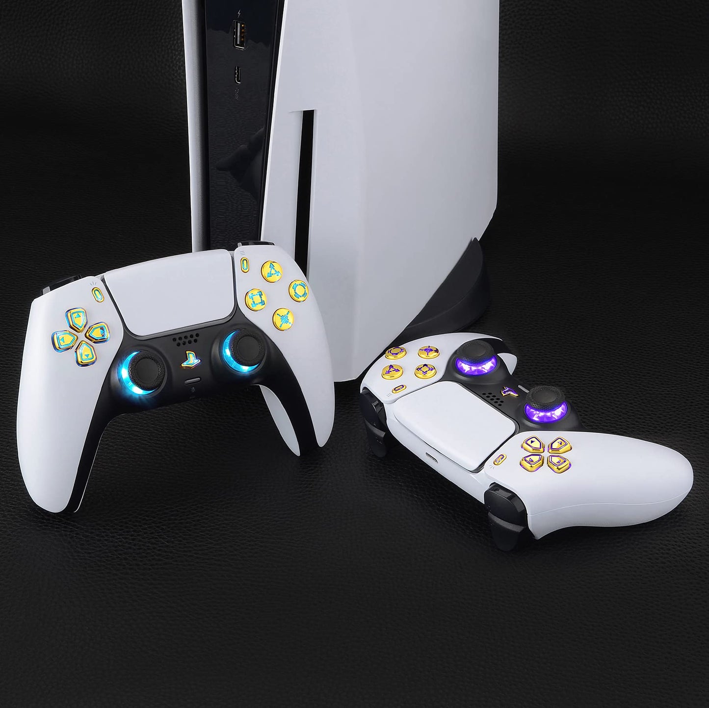 eXtremeRate Multi-Colors Luminated Dpad Thumbstick Share Home Face Buttons for PS5 Controller BDM-010 020 Models, Chrome Gold Classical Symbols Keys DTF V3 LED Kit for PS5 Controller - NO Controller