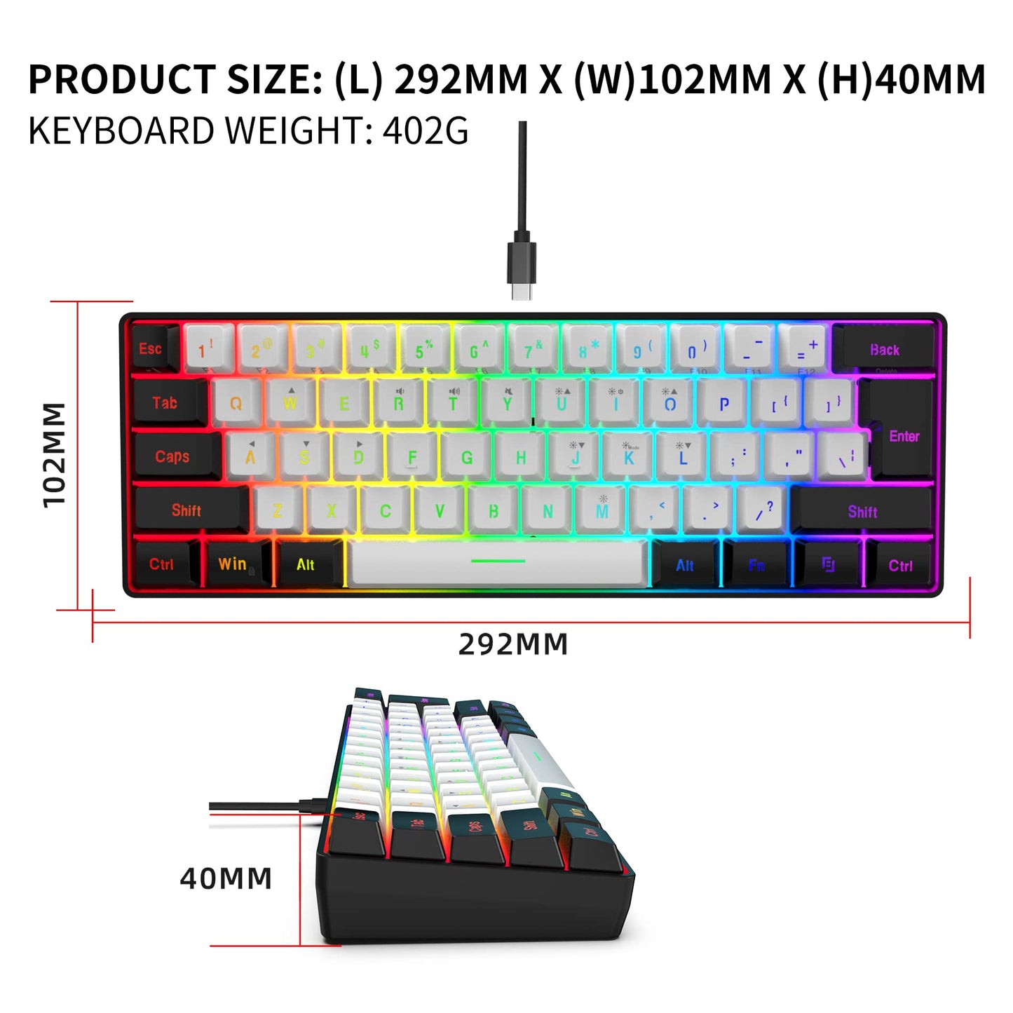 Snpurdiri 60% Wired Gaming Keyboard, 61 Keys RGB Backlit Ultra-Compact Small Gaming Keyboard, for PC/Mac Gamer, Typist, Travel, Easy to Carry on Business Trip(Black-White)