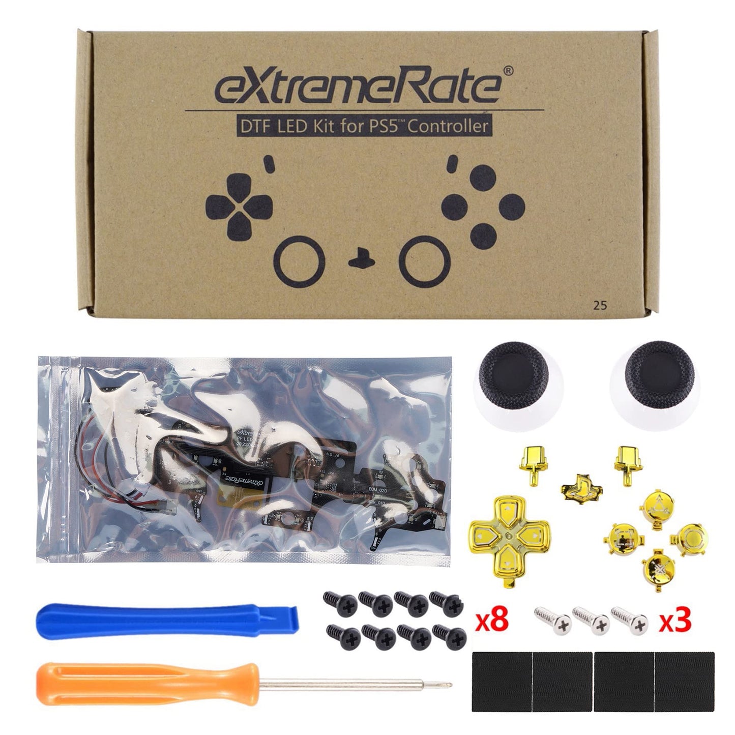 eXtremeRate Multi-Colors Luminated Dpad Thumbstick Share Home Face Buttons for PS5 Controller BDM-010 020 Models, Chrome Gold Classical Symbols Keys DTF V3 LED Kit for PS5 Controller - NO Controller