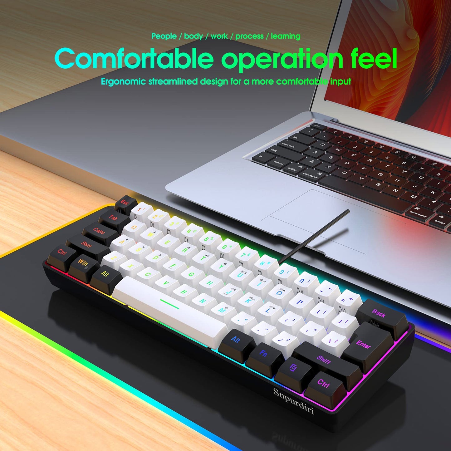 Snpurdiri 60% Wired Gaming Keyboard, 61 Keys RGB Backlit Ultra-Compact Small Gaming Keyboard, for PC/Mac Gamer, Typist, Travel, Easy to Carry on Business Trip(Black-White)