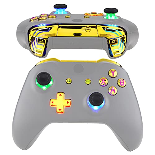 eXtremeRate Multi-Colors Luminated Dpad Thumbsticks Start Back ABXY Action Buttons, Chrome Gold Classical Symbols Buttons DTFS (DTF 2.0) LED Kit for Xbox One S/X Controller - Controller NOT Included