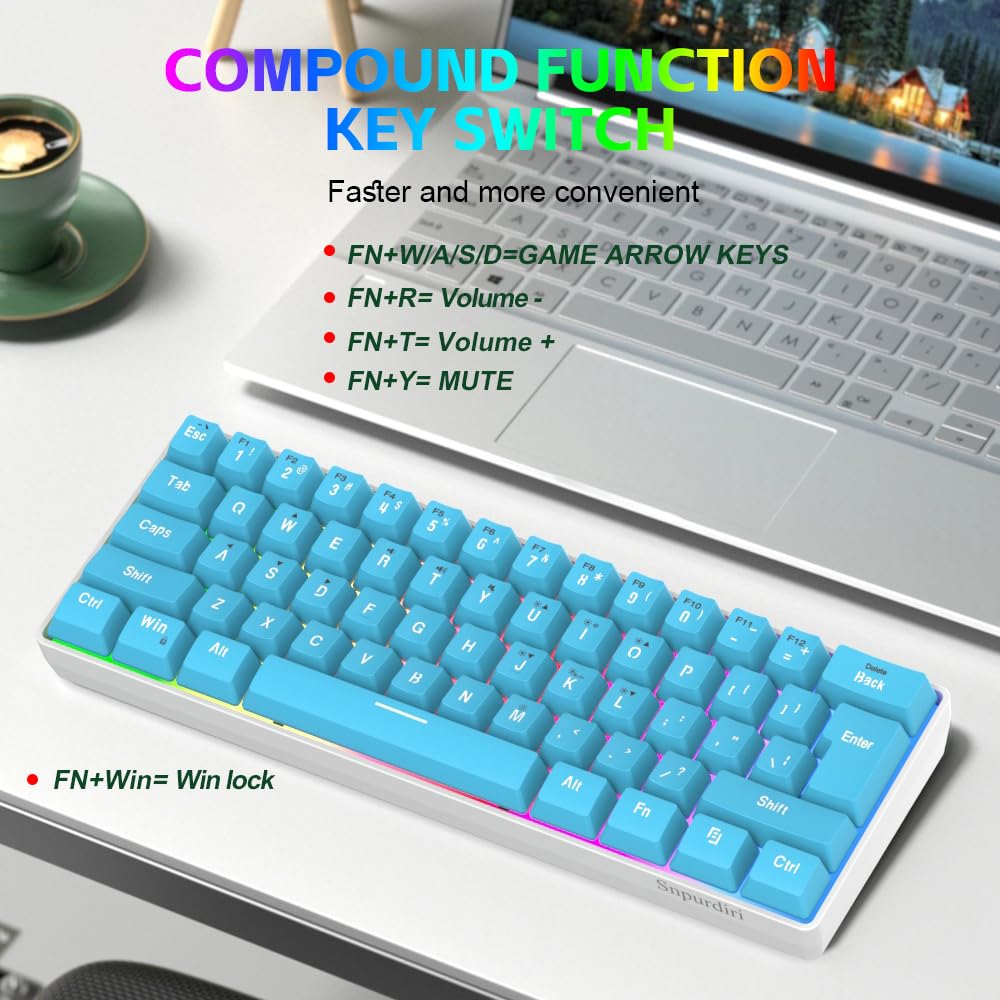 Snpurdiri 60% Wired Gaming Keyboard, Small Ultra-Compact 61 Keys RGB Backlit 60 Percent Gaming Keyboard for PC/Mac Gamer, Typist, Travel, Easy to Carry on Business Trip (Blue)