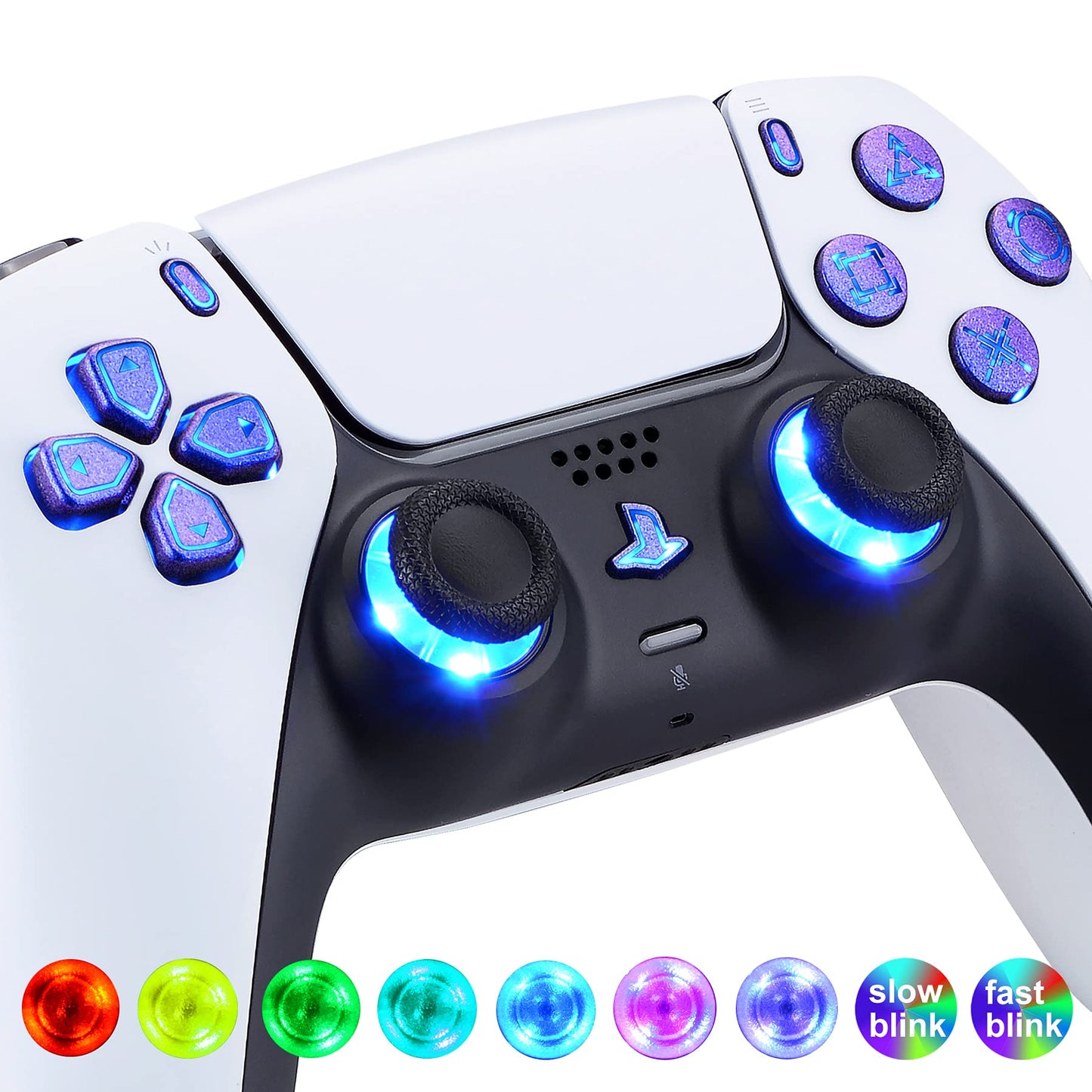 eXtremeRate Multi-Colors Luminated Dpad Thumbstick Share Home Face Buttons for PS5 Controller BDM-010 BDM-020, Chameleon Purple Blue Classical Symbols Buttons DTF V3 LED Kit for PS5 Controller