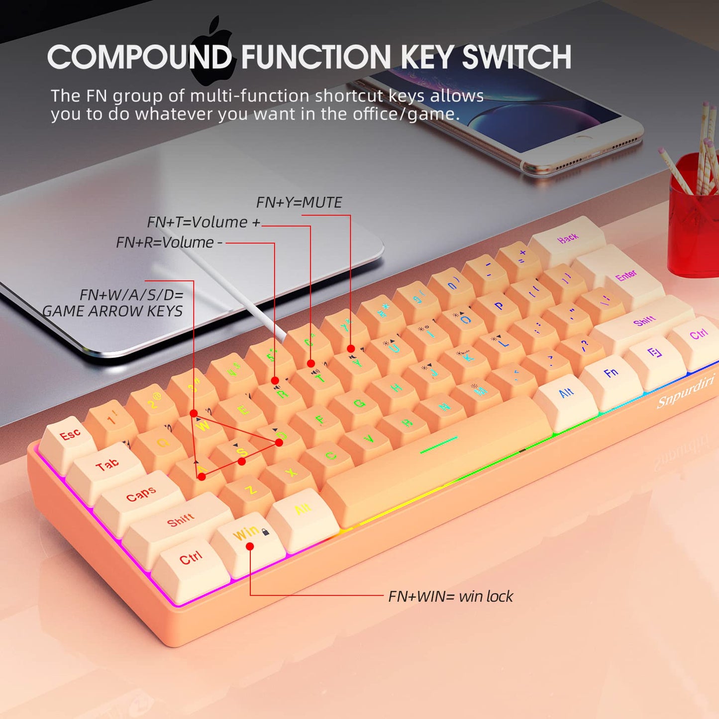 Snpurdiri 60% Wired Gaming Keyboard, RGB Backlit Ultra-Compact Mini Keyboard, Waterproof Mini Compact 61 Keys Keyboard for PC/Mac Gamer, Typist, Travel (Cream and Orange)