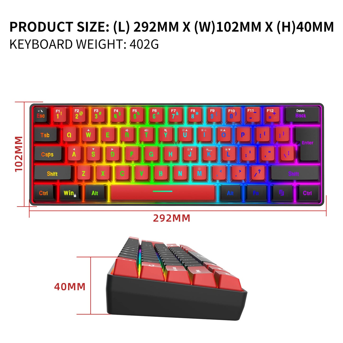 Snpurdiri 60% Wired Gaming Keyboard,True RGB Small Compact 61 Keys Mini Keyboard for PC/Mac Gamer, Typist, Travel, Easy to Carry on Business Trip(Black-Red)