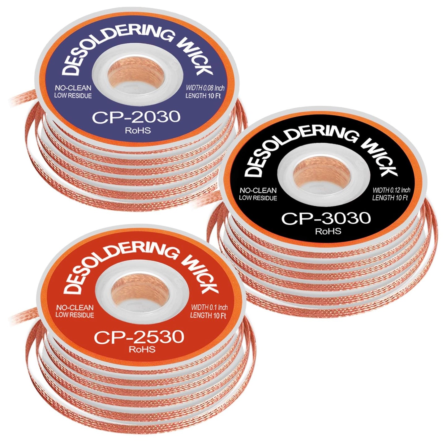 JoTownCand 3 Pcs Premium Desoldering Wick Set, 10FT No Clean Low Residue Solder Wick Braid (0.08, 0.1, 0.12IN) – Effortlessly Remove Solder and Disassemble Electronics