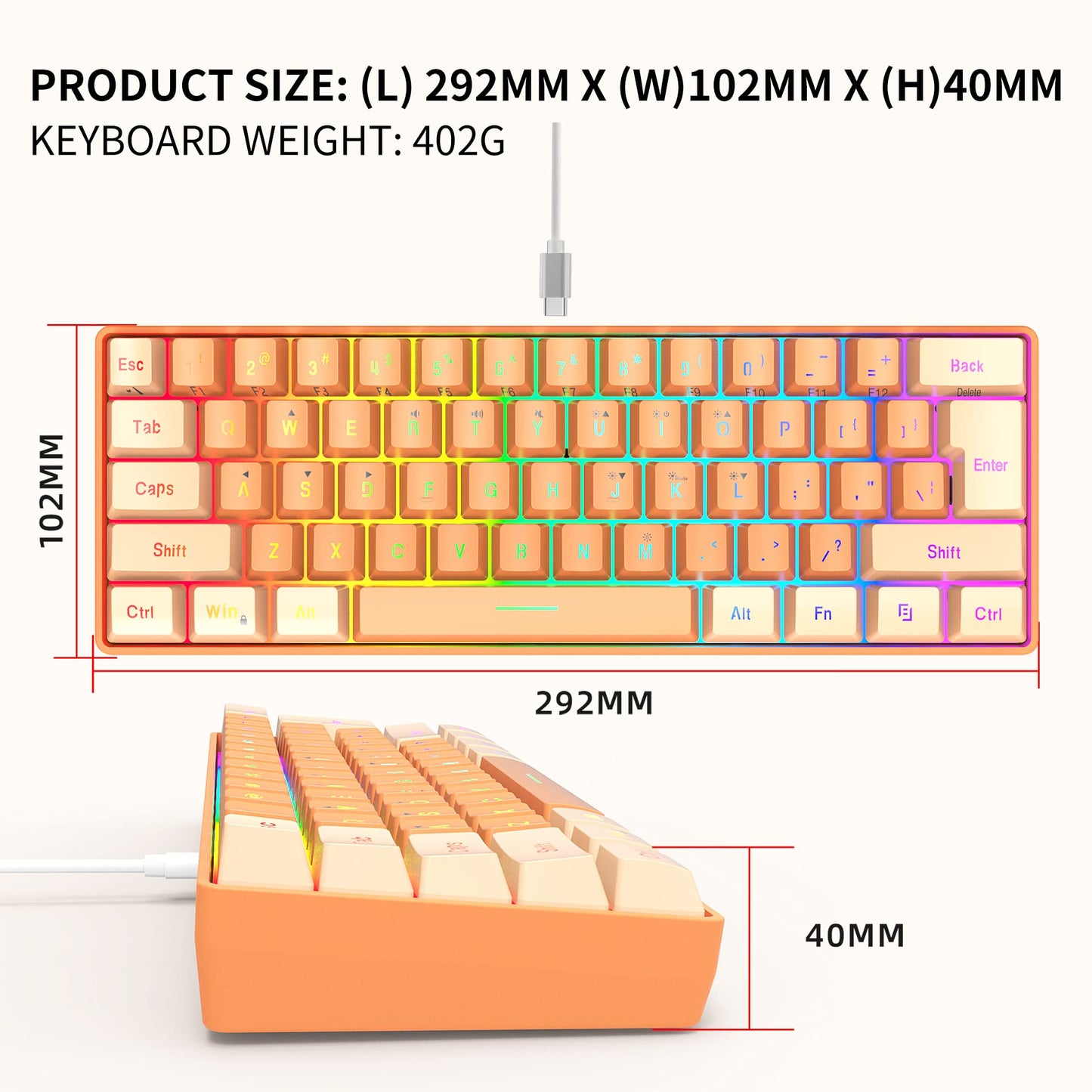 Snpurdiri 60% Wired Gaming Keyboard, RGB Backlit Ultra-Compact Mini Keyboard, Waterproof Mini Compact 61 Keys Keyboard for PC/Mac Gamer, Typist, Travel (Cream and Orange)