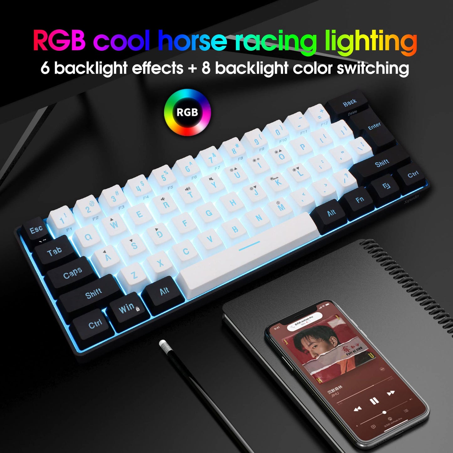 Snpurdiri 60% Wired Gaming Keyboard, 61 Keys RGB Backlit Ultra-Compact Small Gaming Keyboard, for PC/Mac Gamer, Typist, Travel, Easy to Carry on Business Trip(Black-White)