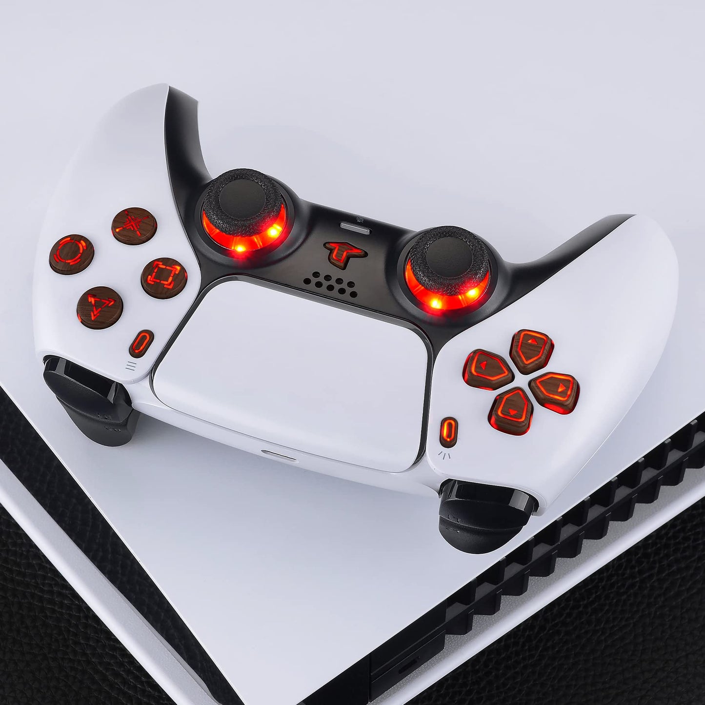 eXtremeRate Multi-Colors Luminated Dpad Thumbstick Share Home Face Buttons for PS5 Controller BDM-010 020, Wood Grain Classical Symbols Buttons DTF V3 LED Kit for PS5 Controller - Without Controller