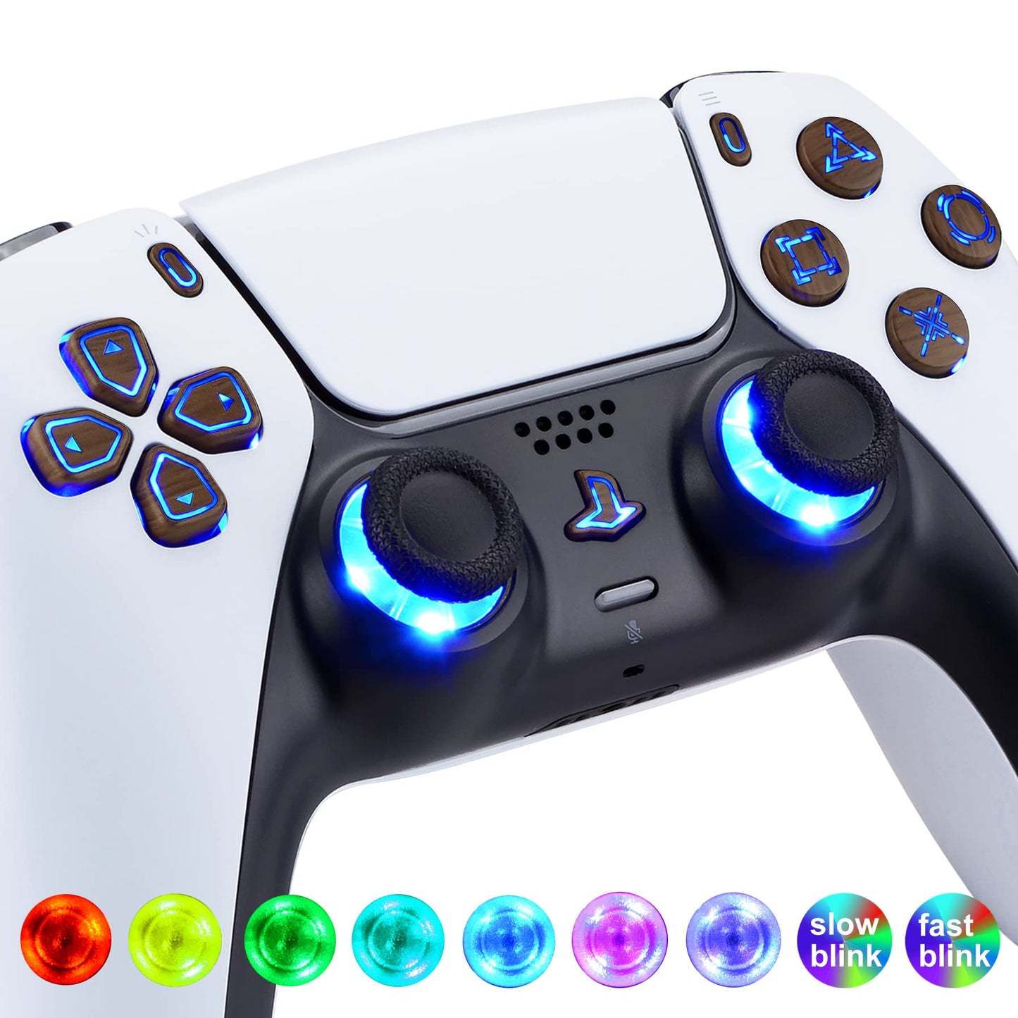 eXtremeRate Multi-Colors Luminated Dpad Thumbstick Share Home Face Buttons for PS5 Controller BDM-010 020, Wood Grain Classical Symbols Buttons DTF V3 LED Kit for PS5 Controller - Without Controller