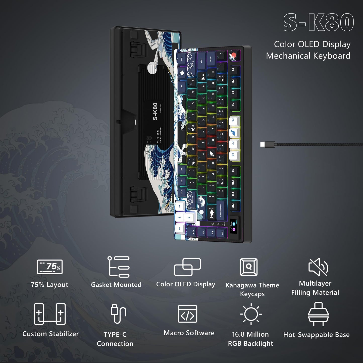 Womier S-K80 75% Keyboard with Color Multimedia Display Mechanical Gaming Keyboard, Wired Hot Swappable Gasket Mount RGB Custom Key Board, Pre-lubed Stabilizer for Mac/Win, Black Kanagawa