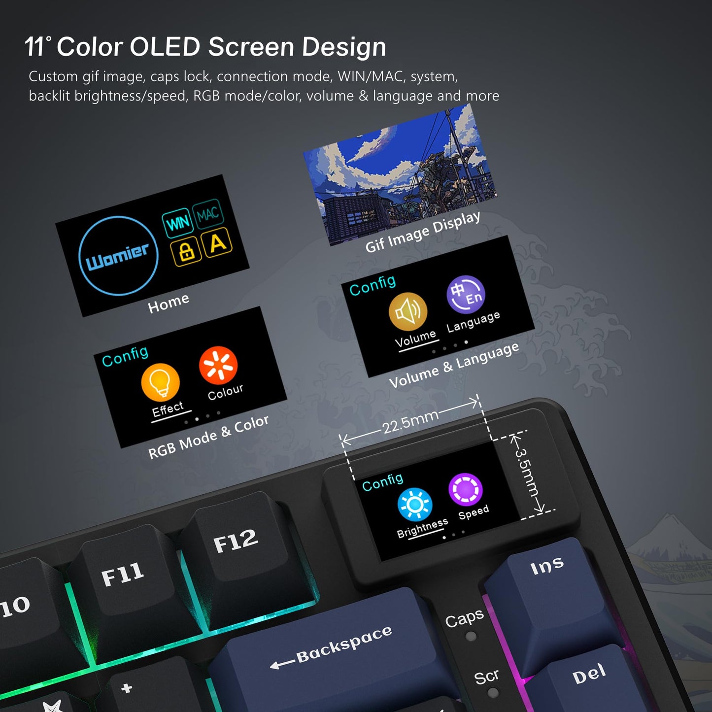 Womier S-K80 75% Keyboard with Color Multimedia Display Mechanical Gaming Keyboard, Wired Hot Swappable Gasket Mount RGB Custom Key Board, Pre-lubed Stabilizer for Mac/Win, Black Kanagawa