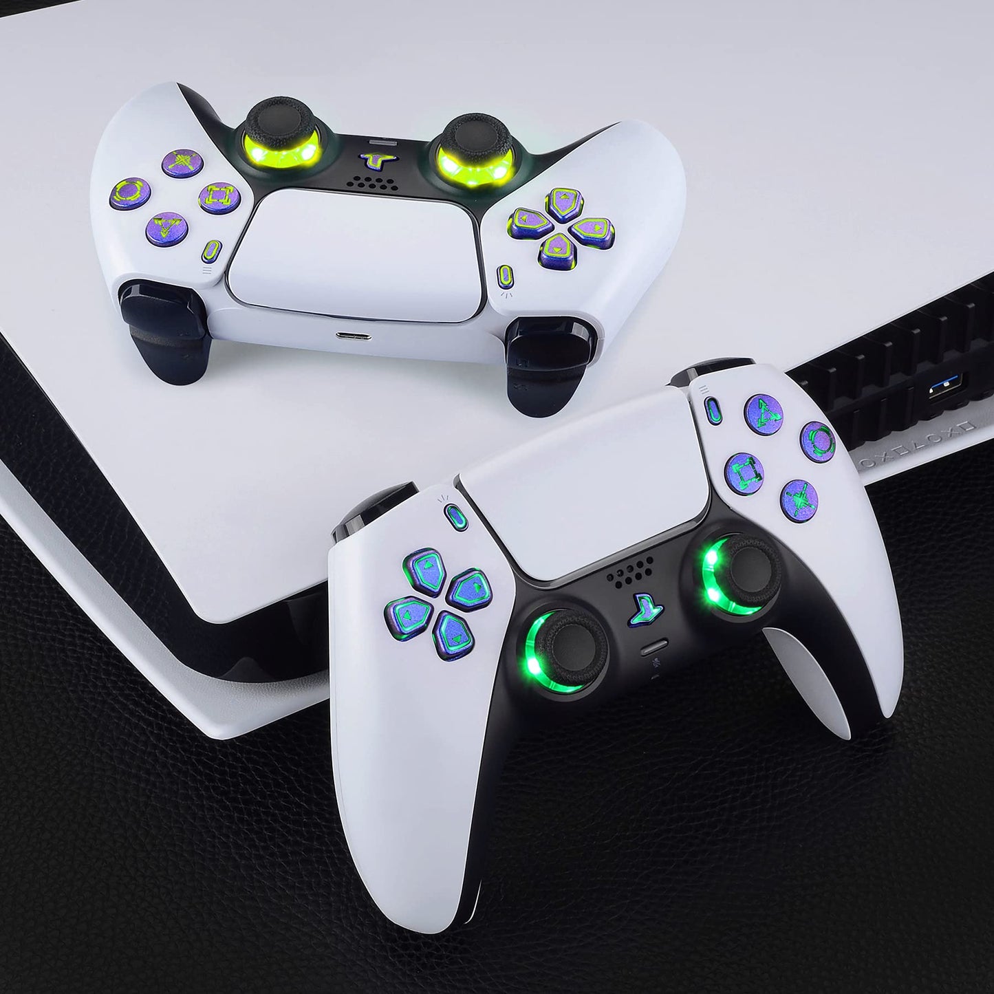 eXtremeRate Multi-Colors Luminated Dpad Thumbstick Share Home Face Buttons for PS5 Controller BDM-010 BDM-020, Chameleon Purple Blue Classical Symbols Buttons DTF V3 LED Kit for PS5 Controller