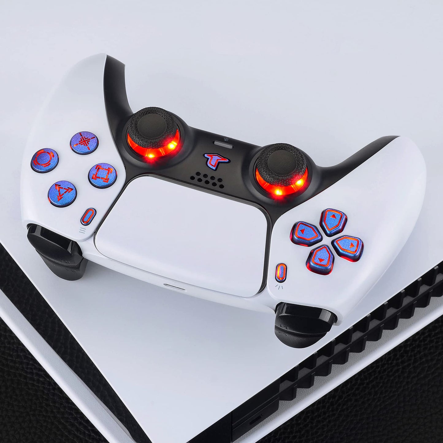 eXtremeRate Multi-Colors Luminated Dpad Thumbstick Share Home Face Buttons for PS5 Controller BDM-010 BDM-020, Chameleon Purple Blue Classical Symbols Buttons DTF V3 LED Kit for PS5 Controller