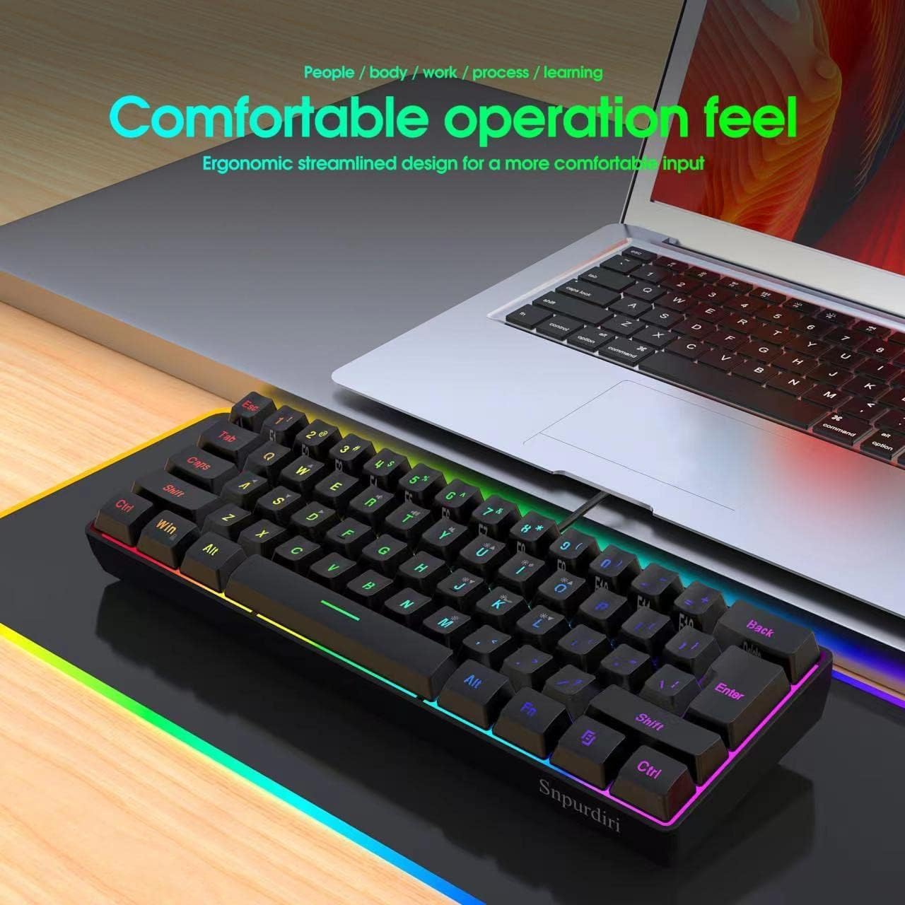 Snpurdiri 60% Wired Gaming Keyboard, RGB Backlit Ultra-Compact Mini Keyboard, Waterproof Small Compact 61 Keys for PC/Mac Gamer, Typist, Travel, Easy to Carry on Business Trip(Black)