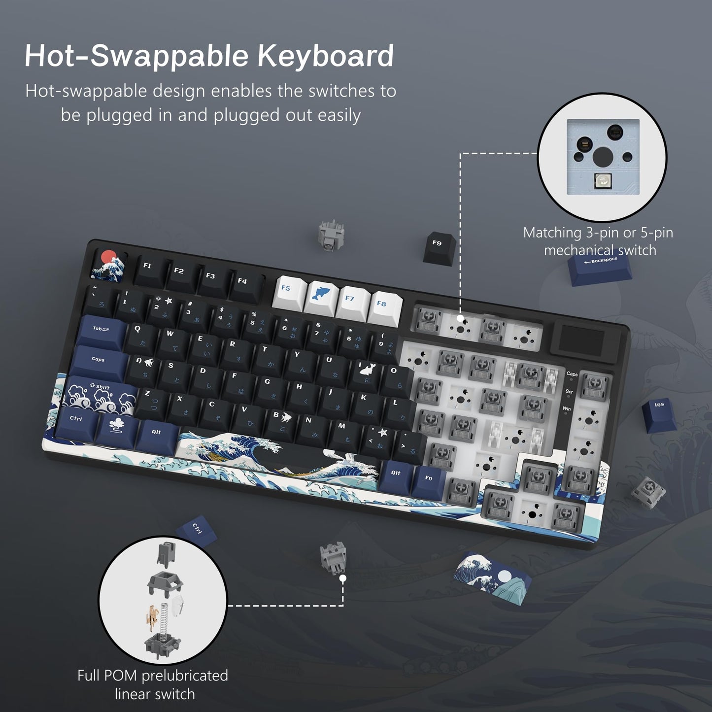 Womier S-K80 75% Keyboard with Color Multimedia Display Mechanical Gaming Keyboard, Wired Hot Swappable Gasket Mount RGB Custom Key Board, Pre-lubed Stabilizer for Mac/Win, Black Kanagawa