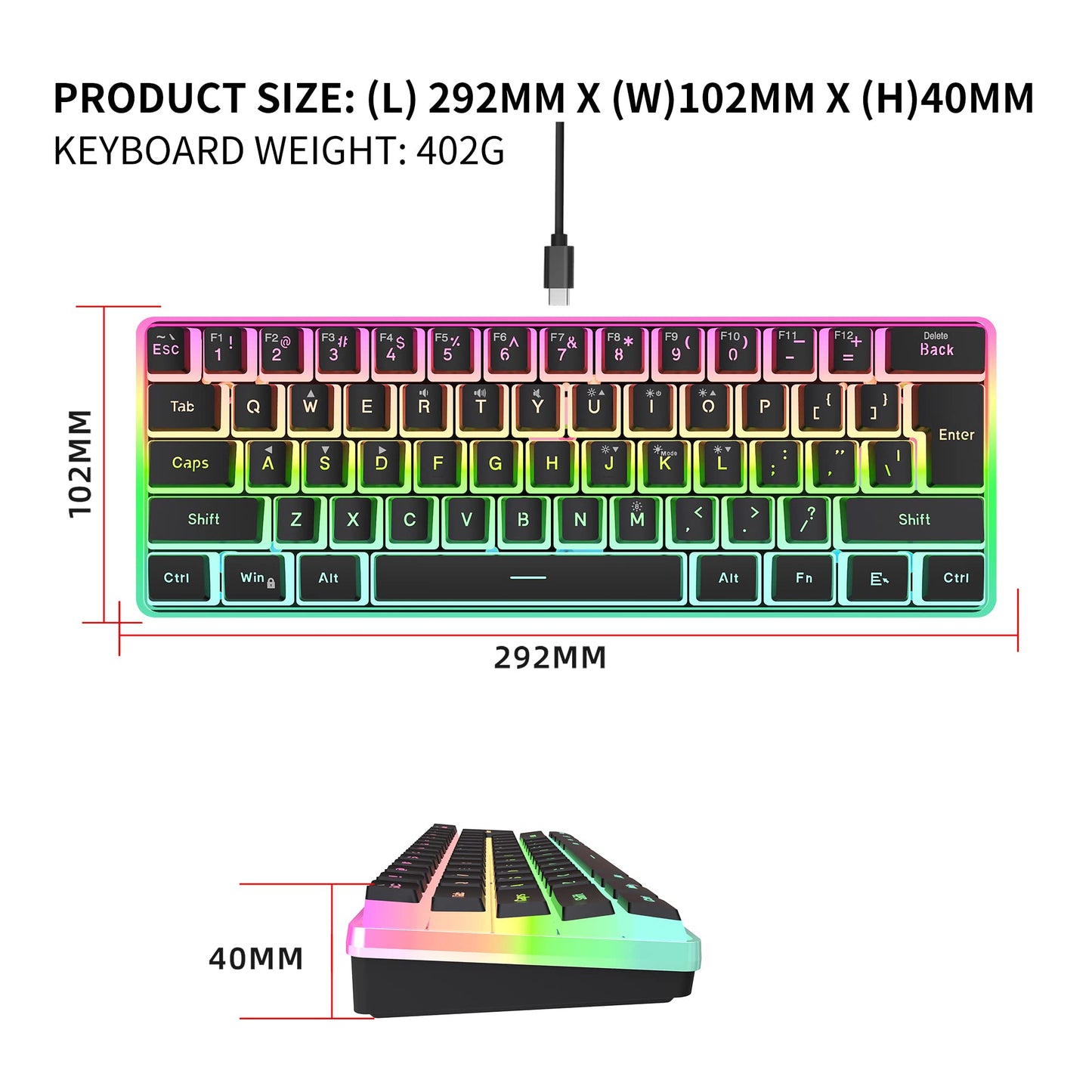Snpurdiri 60% Wired Gaming Keyboard, Pudding Keycaps with Translucent Layer,RGB Ultra-Compact Mini Keyboards, Waterproof Small 61 Keys Keyboard for Office/Gaming(Black)