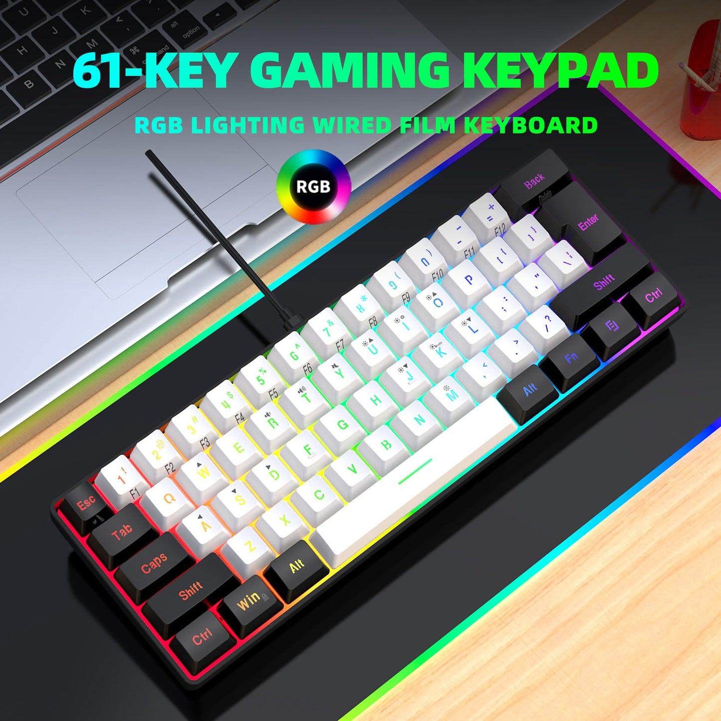 Snpurdiri 60% Wired Gaming Keyboard, 61 Keys RGB Backlit Ultra-Compact Small Gaming Keyboard, for PC/Mac Gamer, Typist, Travel, Easy to Carry on Business Trip(Black-White)