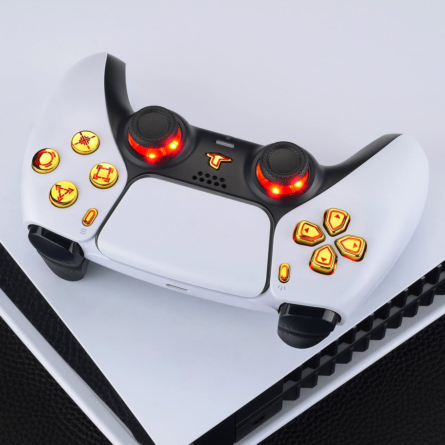 eXtremeRate Multi-Colors Luminated Dpad Thumbstick Share Home Face Buttons for PS5 Controller BDM-010 020 Models, Chrome Gold Classical Symbols Keys DTF V3 LED Kit for PS5 Controller - NO Controller