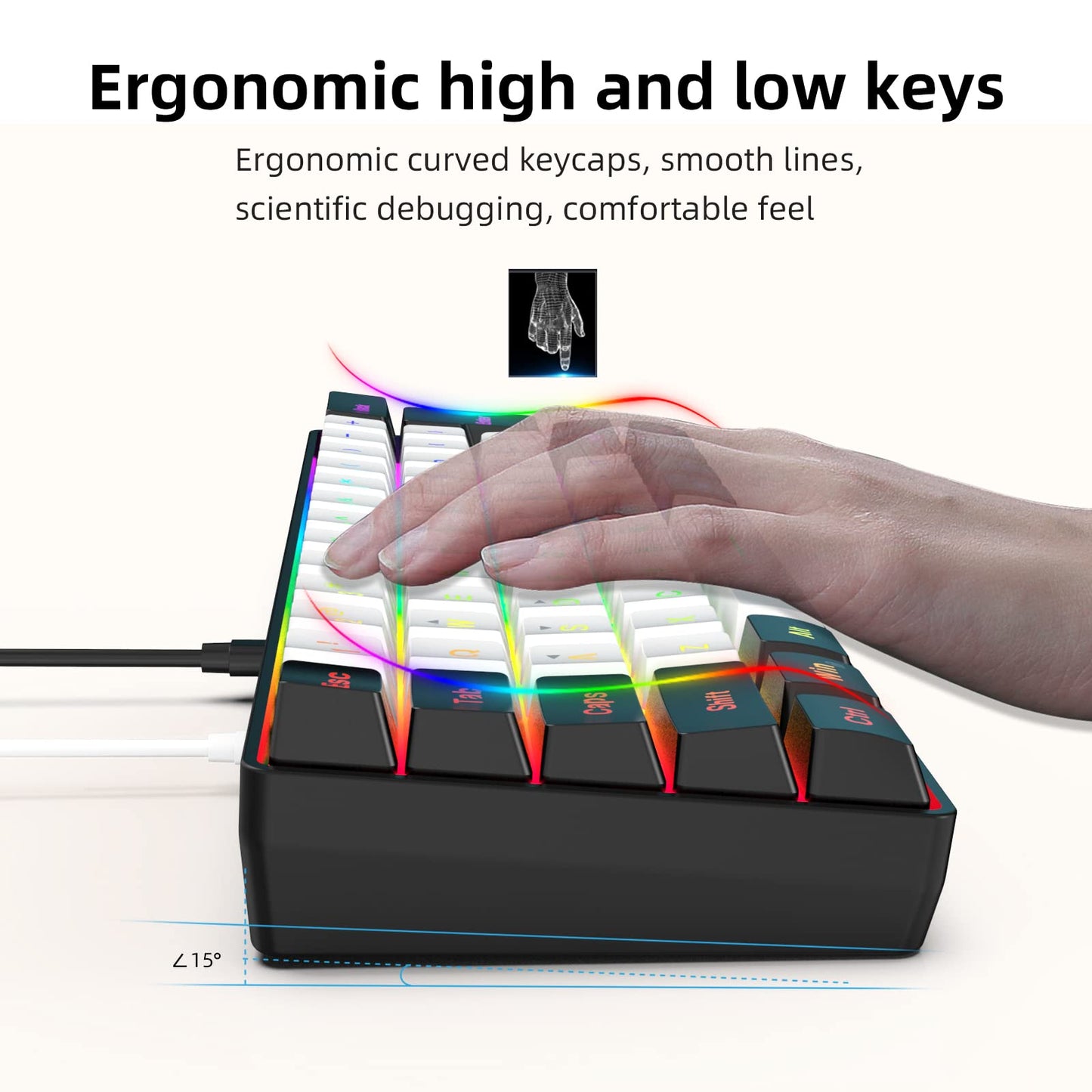 Snpurdiri 60% Wired Gaming Keyboard, 61 Keys RGB Backlit Ultra-Compact Small Gaming Keyboard, for PC/Mac Gamer, Typist, Travel, Easy to Carry on Business Trip(Black-White)