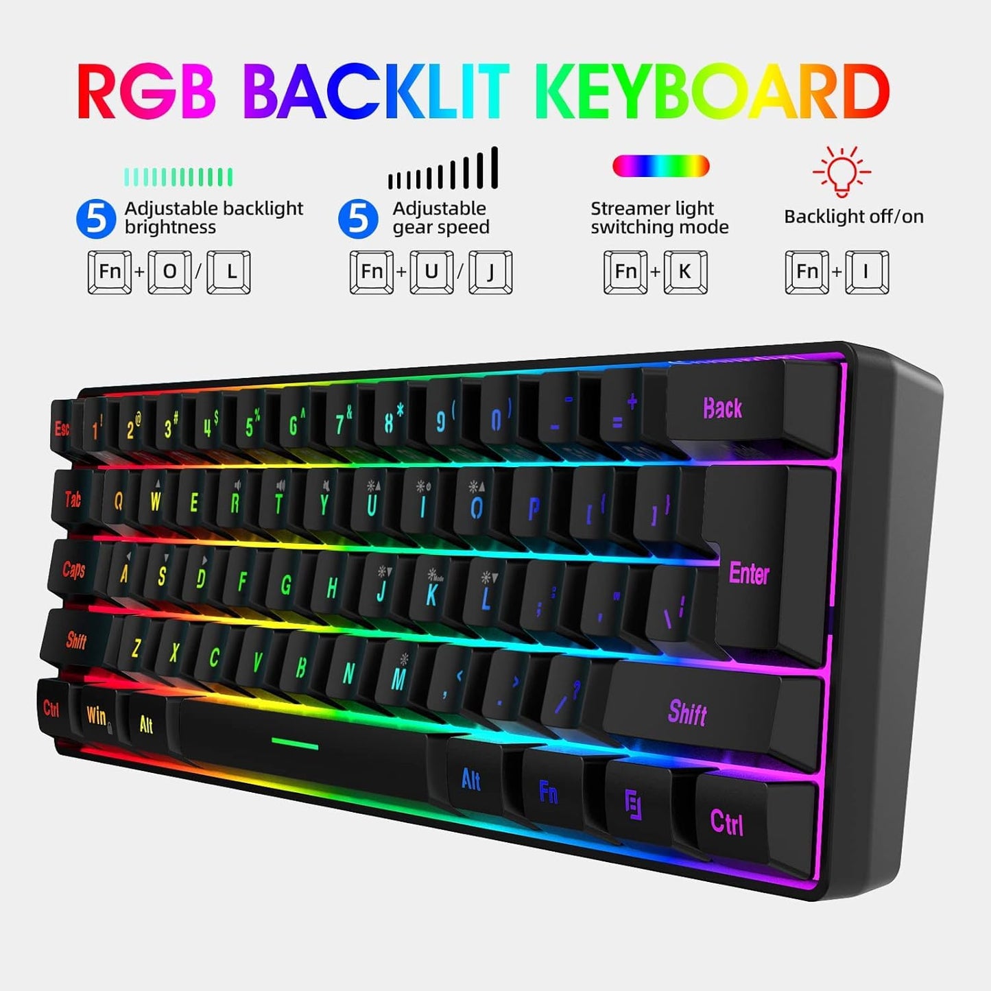 Snpurdiri 60% Wired Gaming Keyboard, RGB Backlit Ultra-Compact Mini Keyboard, Waterproof Small Compact 61 Keys for PC/Mac Gamer, Typist, Travel, Easy to Carry on Business Trip(Black)