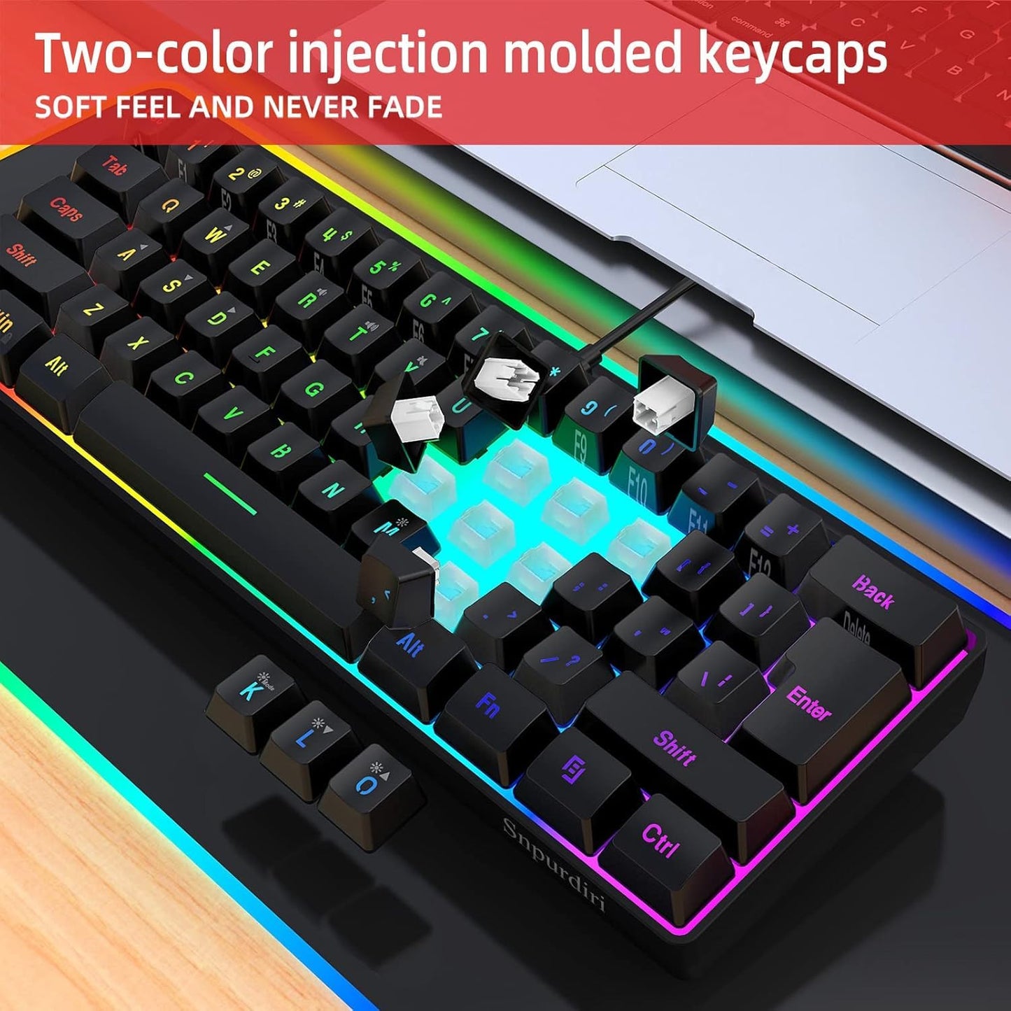 Snpurdiri 60% Wired Gaming Keyboard, RGB Backlit Ultra-Compact Mini Keyboard, Waterproof Small Compact 61 Keys for PC/Mac Gamer, Typist, Travel, Easy to Carry on Business Trip(Black)