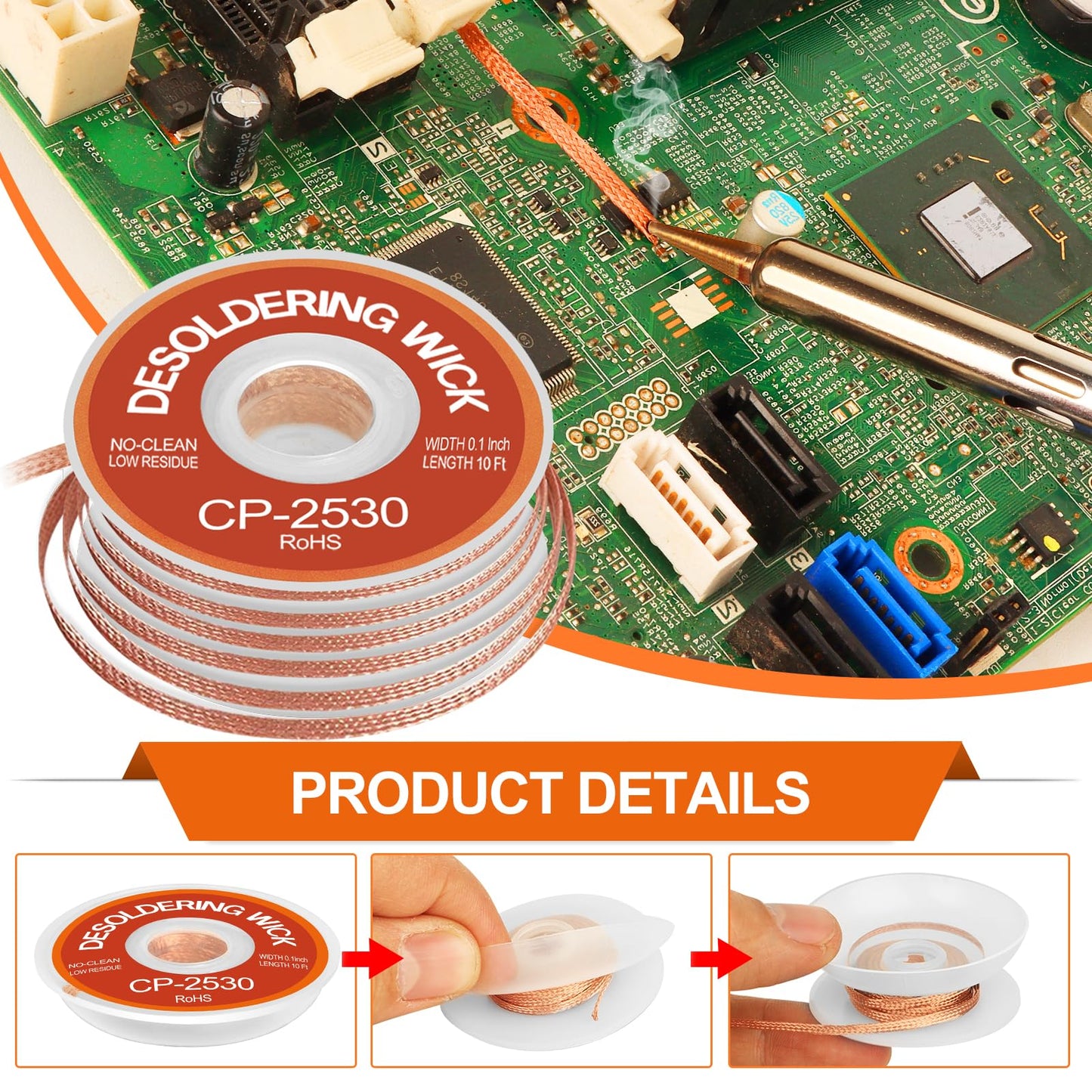 JoTownCand 3 Pcs Premium Desoldering Wick Set, 10FT No Clean Low Residue Solder Wick Braid (0.08, 0.1, 0.12IN) – Effortlessly Remove Solder and Disassemble Electronics