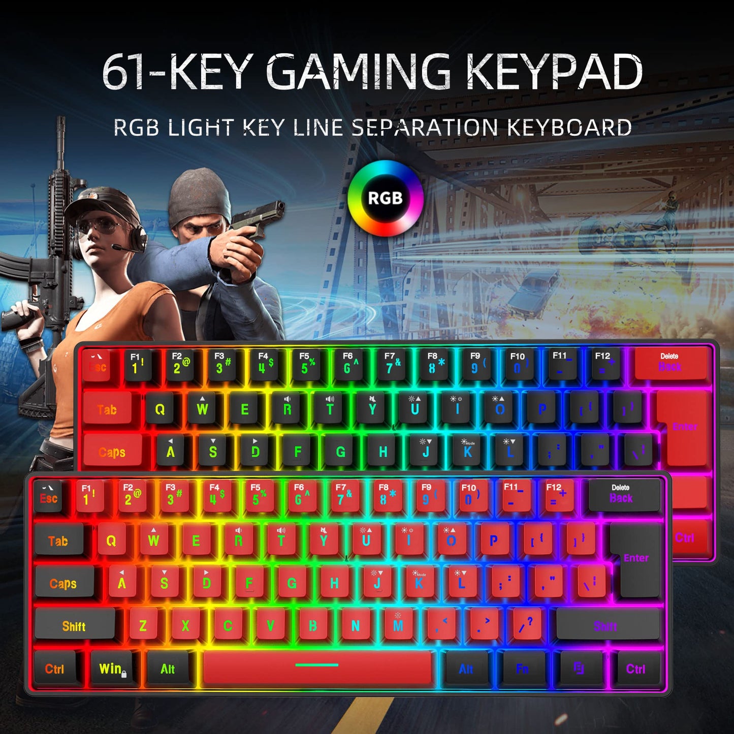 Snpurdiri 60% Wired Gaming Keyboard,True RGB Small Compact 61 Keys Mini Keyboard for PC/Mac Gamer, Typist, Travel, Easy to Carry on Business Trip(Black-Red)